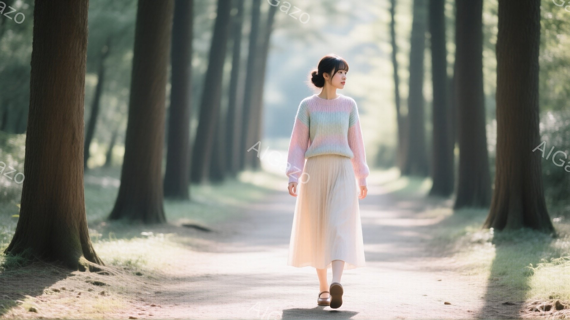 長い茶色の髪を後ろで一つにまとめた女性が、木々の間を抜ける道の中央を歩いている。彼女は薄いピンクと緑のストライプのセーターと、明るいベージュのプリーツスカートを身につけており、黒い靴を履いている。背景 - AI生成フリー素材