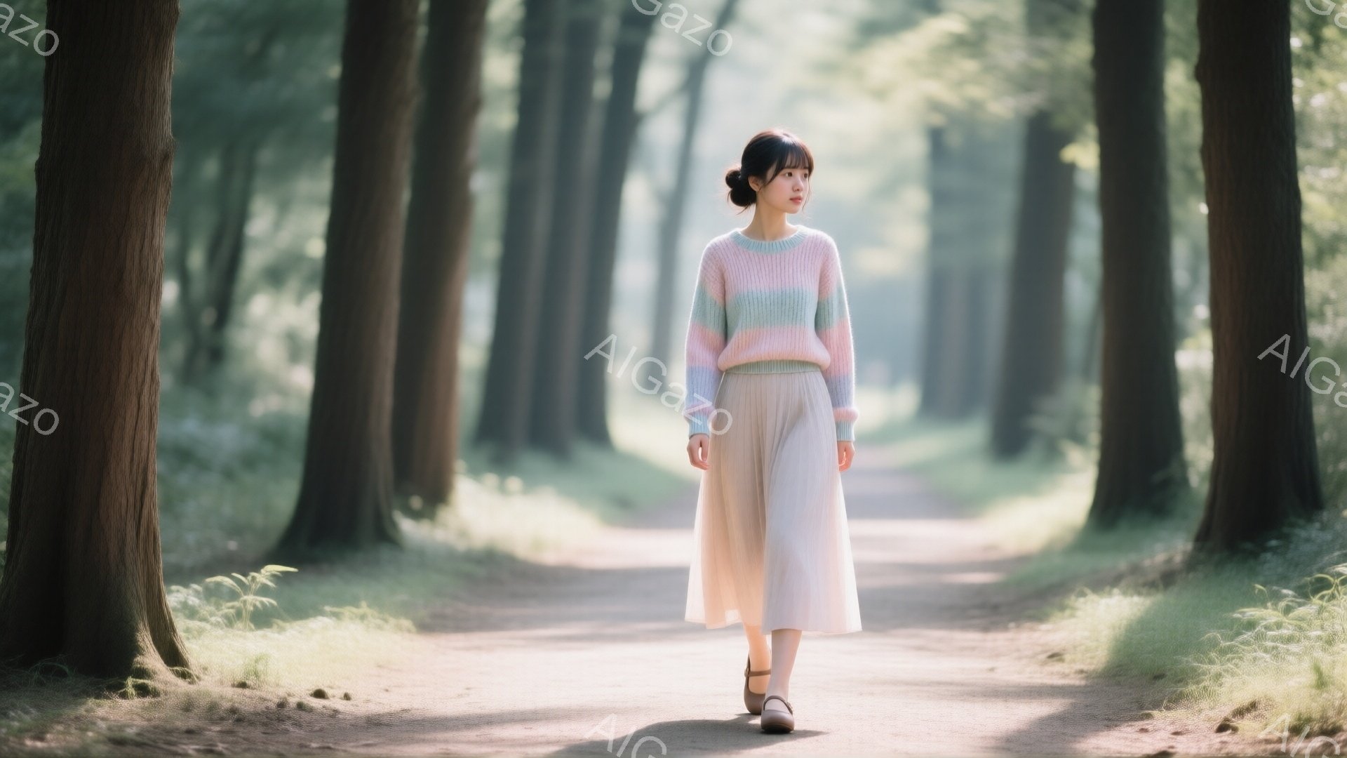 明るい日差しの中、女性が木々の間を歩いている。彼女はパステルカラーのセーターと、ゆったりとしたベージュのスカートを身につけており、髪は後ろで一つにまとめている。背景には緑豊かな木々が立ち並び、穏やかで幻想的な雰囲気を醸し出している。