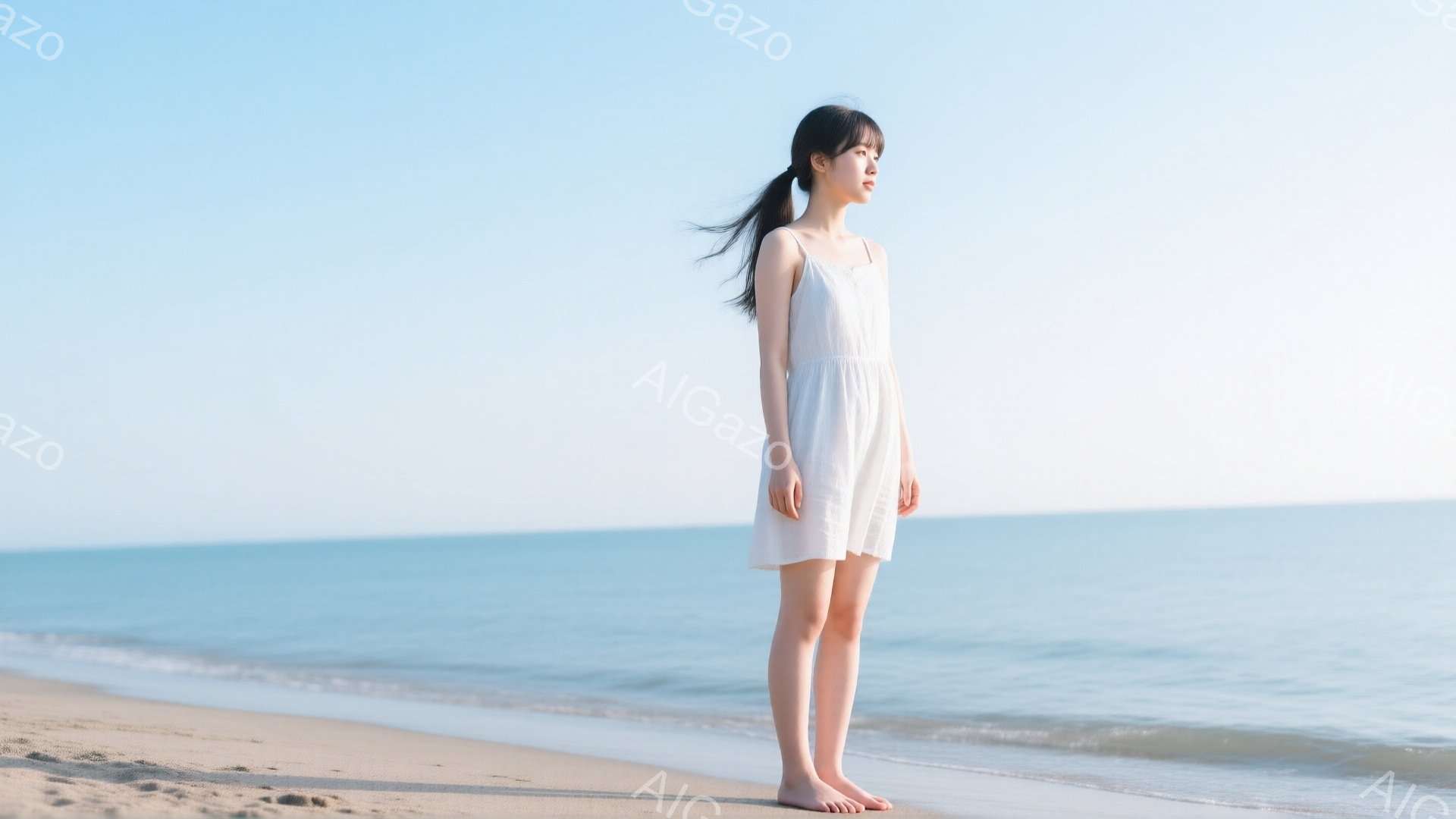 長い黒髪を後ろで一つに結んだ若い女性が、白いワンピースを着て砂浜に立っている。彼女は横を向き、遠くの海を見つめ、穏やかで物憂げな表情を浮かべている。背景には穏やかな青い海と空が広がり、晴れた日の静寂な雰囲気が漂っている。