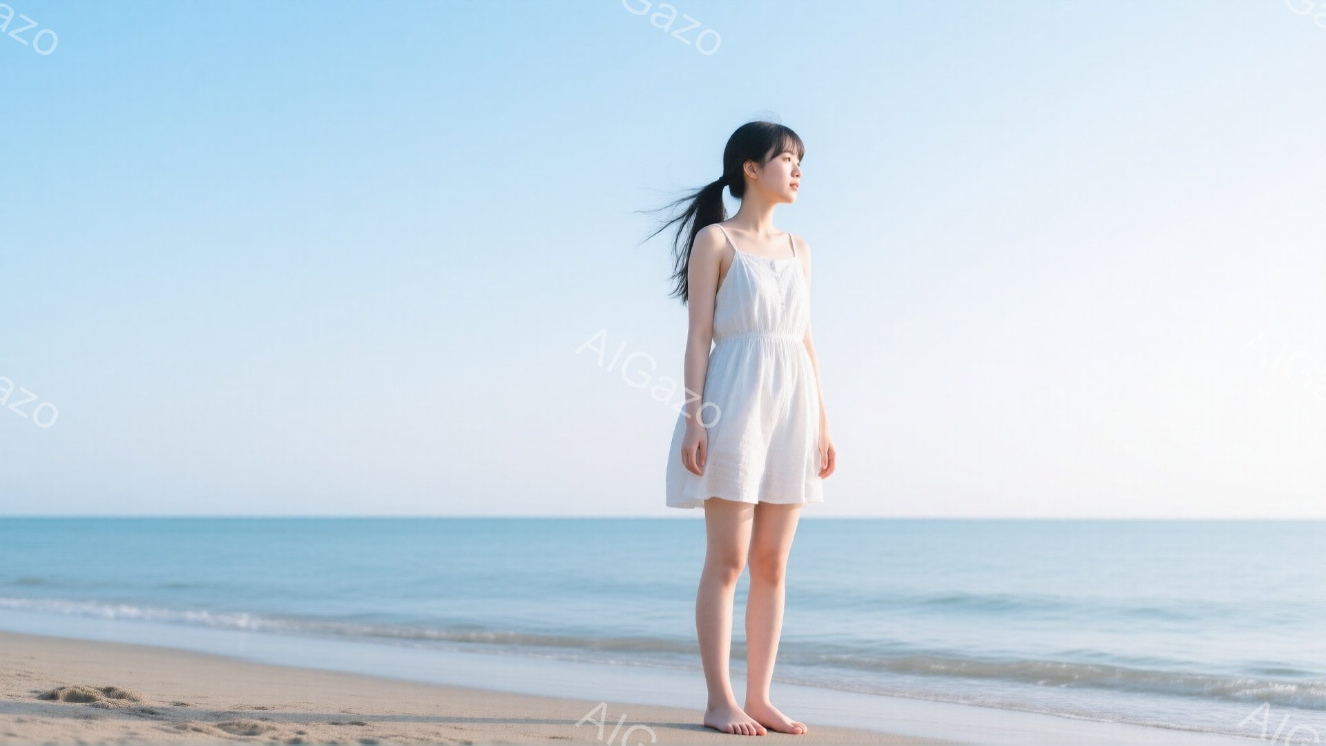 砂浜に立つ女性は、白いキャミソールワンピースを着ており、髪を高いポニーテールにしています。彼女は横を向き、遠くの海を見つめており、物憂げな表情をしています。背景には穏やかな青い海と空が広がり、晴れた日の静かで穏やかな雰囲気を醸し出しています。