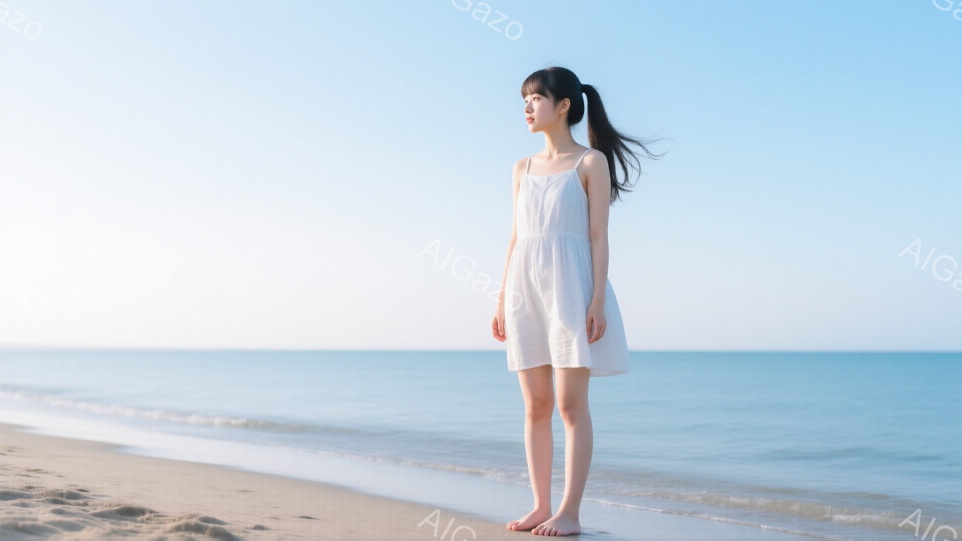 砂浜に立つ女性は、白いキャミソールワンピースを着ており、足は裸です。黒髪は後ろで一本に結ばれており、顔は横を向き、遠くを見つめています。背景には穏やかな青い海と空が広がり、晴れた日の静かで平和な雰囲気を醸し出しています。