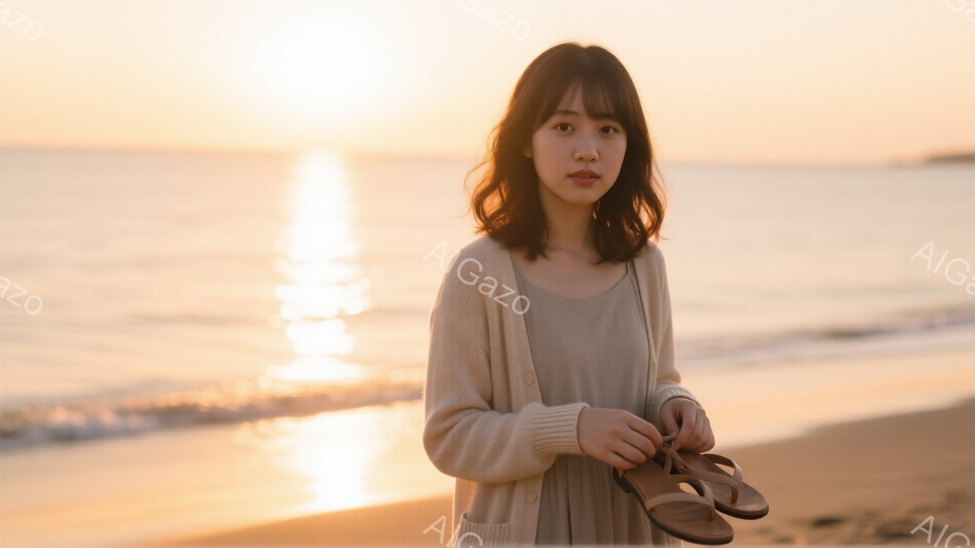 画像には、ベージュのカーディガンを羽織った若い女性が写っています。彼女は少し微笑んでおり、手にビーチサンダルを持っています。背景には、夕焼けの海と砂浜が広がり、穏やかで暖かい雰囲気を醸し出しています。