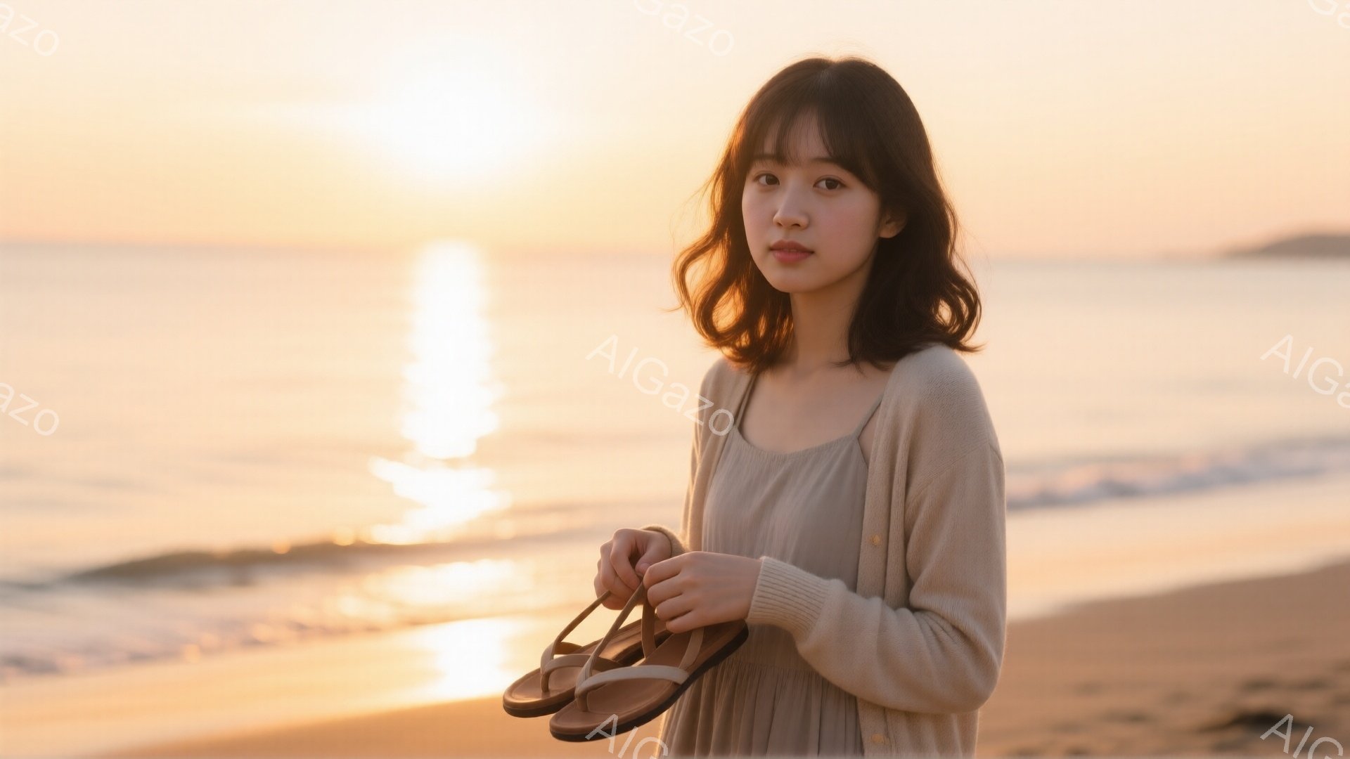 穏やかな夕焼けのビーチで、茶色の長袖カーディガンとワンピースを着た若い女性が立っている。彼女は少し微笑んでおり、片手にサンダルを持っている。背景には穏やかな波と夕焼けが広がり、全体的に暖かく、リラックスした雰囲気を醸し出している。