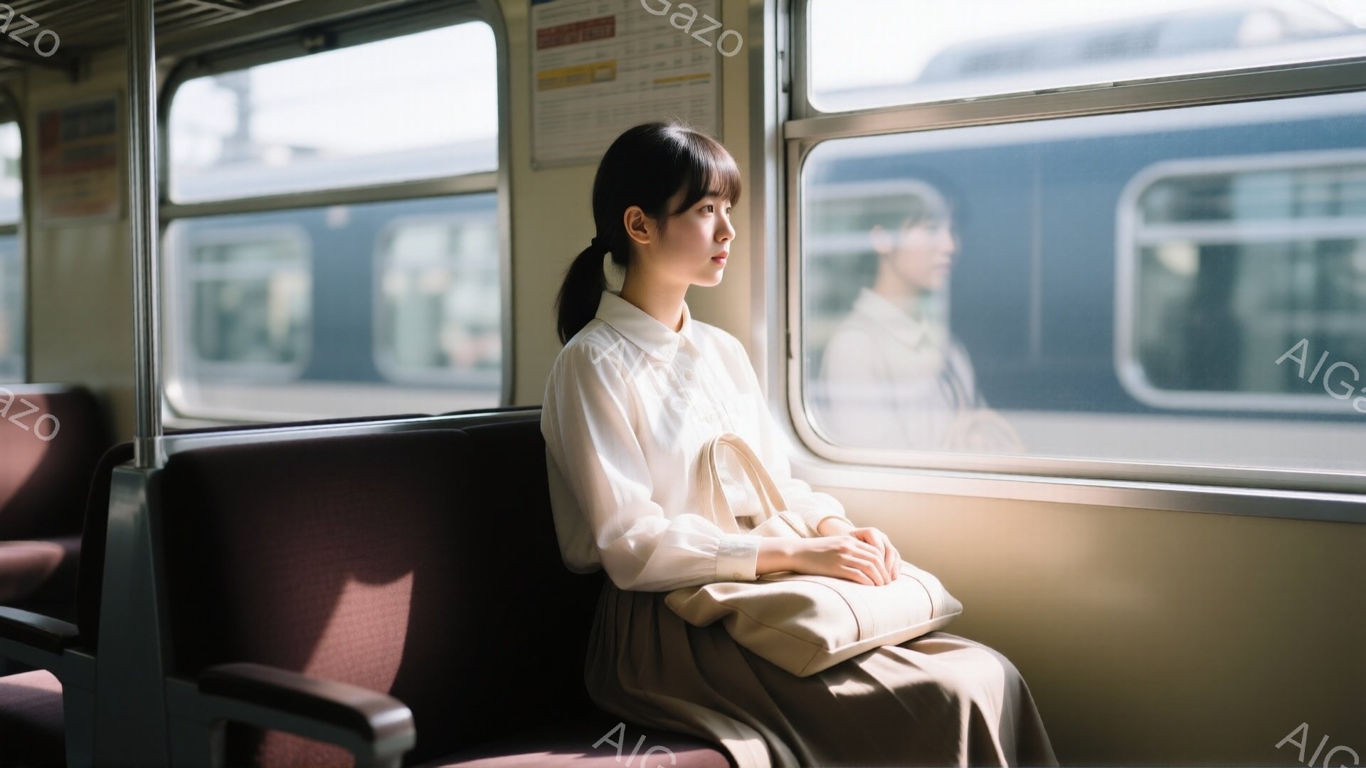 女性は電車の中で窓の外を眺めています。白いブラウスとベージュのスカートを身につけ、髪は後ろで一つにまとめています。彼女の表情は穏やかで、どこか物思いにふけっているようです。