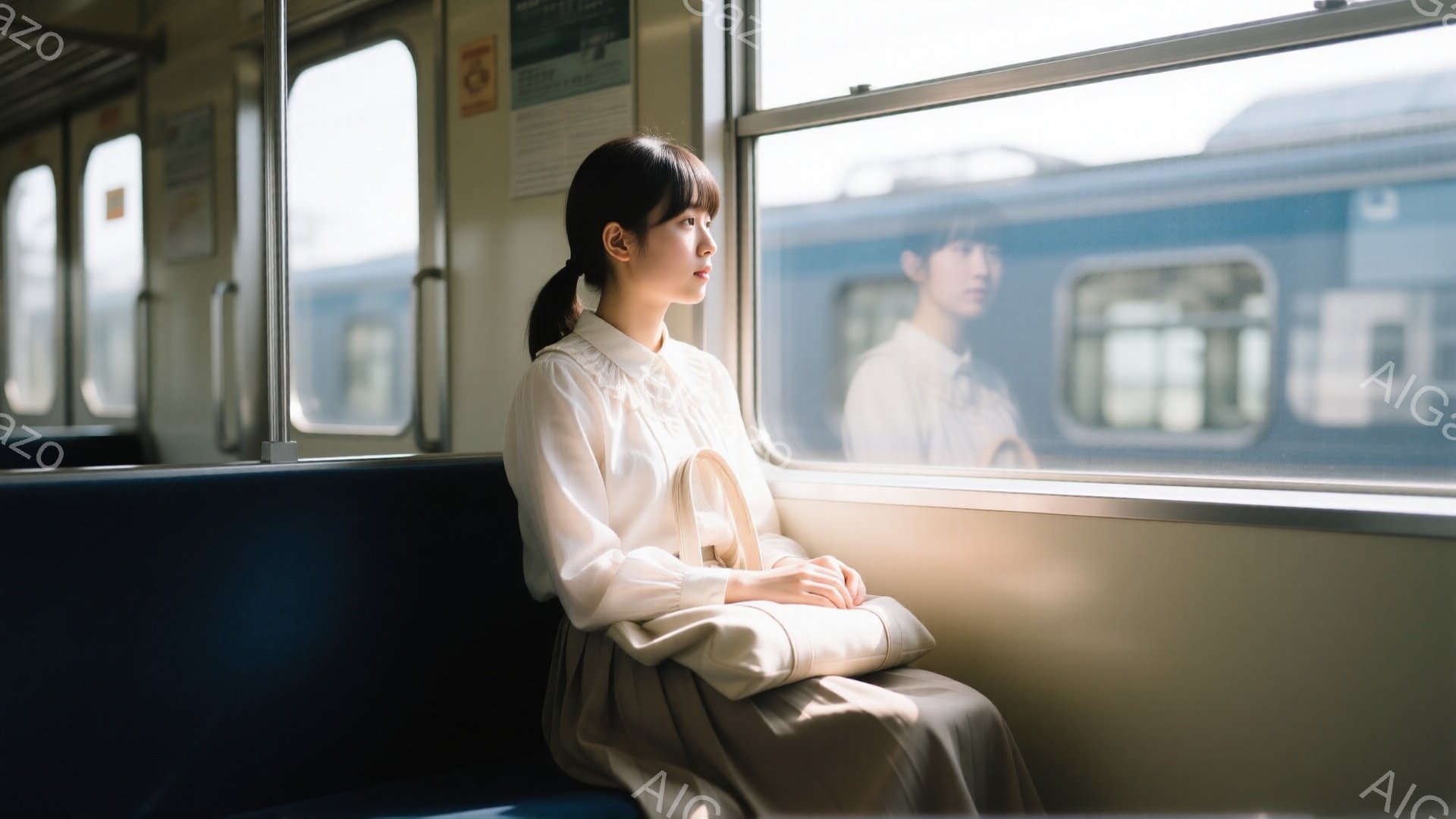 白いブラウスとベージュのスカートを身に着けた女性が、電車の窓際に座って外を見つめている。彼女は髪を後ろで一つにまとめ、わずかに憂いを帯びた表情をしている。窓の外には、ぼやけた風景と、遠くに見える別の電車の姿が広がっており、静かで物思いにふける雰囲気が漂っている。