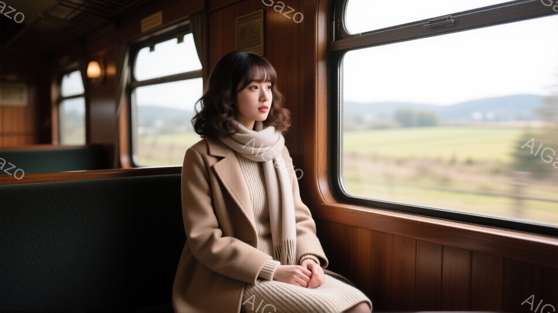 明るい茶色のコートとセーターを身につけた若い女性が、列車の窓際に座って外を眺めている。彼女は前髪を下ろしたゆるいウェーブの髪型で、少し憂いを帯びた表情をしている。窓の外には緑豊かな田園風景が広がり、秋の穏やかな空が広がっている。