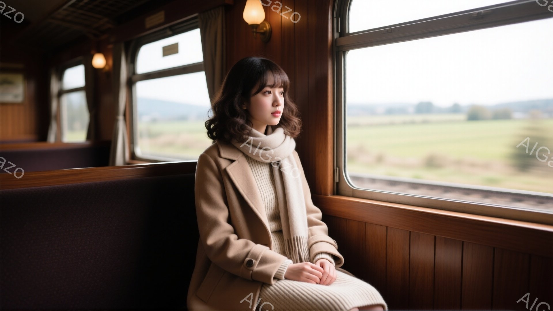 窓辺に座る女性は、ベージュ色のコートとセーターを身につけ、首に同じ色のスカーフを巻いています。彼女は少し物憂げな表情で外を眺めており、髪は肩にかかる長さでゆるくカールしています。背景には緑豊かな田園風景が広がり、列車内は木目調で落ち着いた雰囲気です。