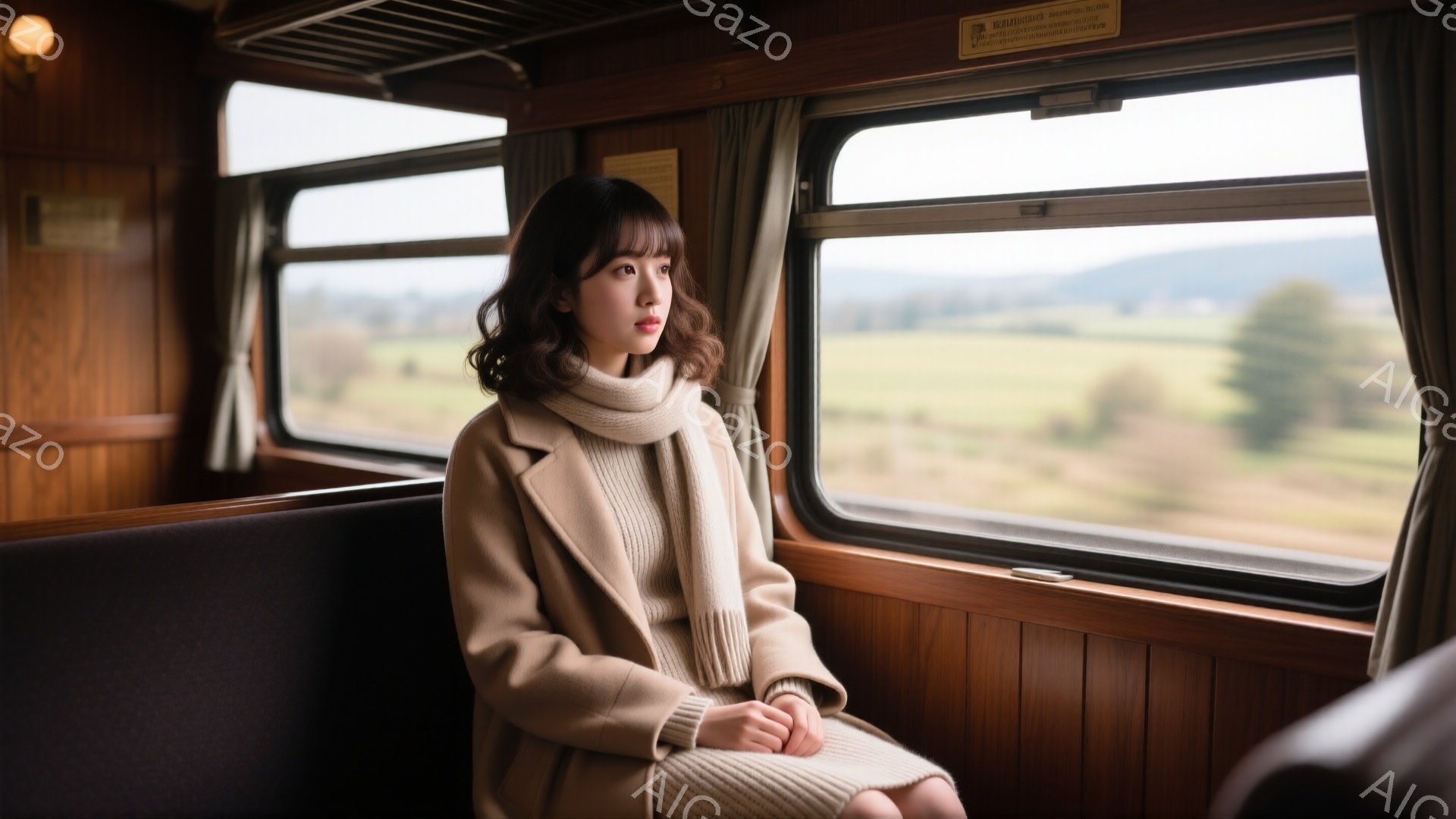窓際の席に座る女性は、ベージュ色のコートとセーターを着ており、茶色のゆるふわヘアスタイルに整えられています。彼女は少し憂いを帯びた表情で、遠くの景色を見つめています。背景には緑豊かな田園風景が広がり、列車の内装は木目調で落ち着いた雰囲気を醸し出しています。