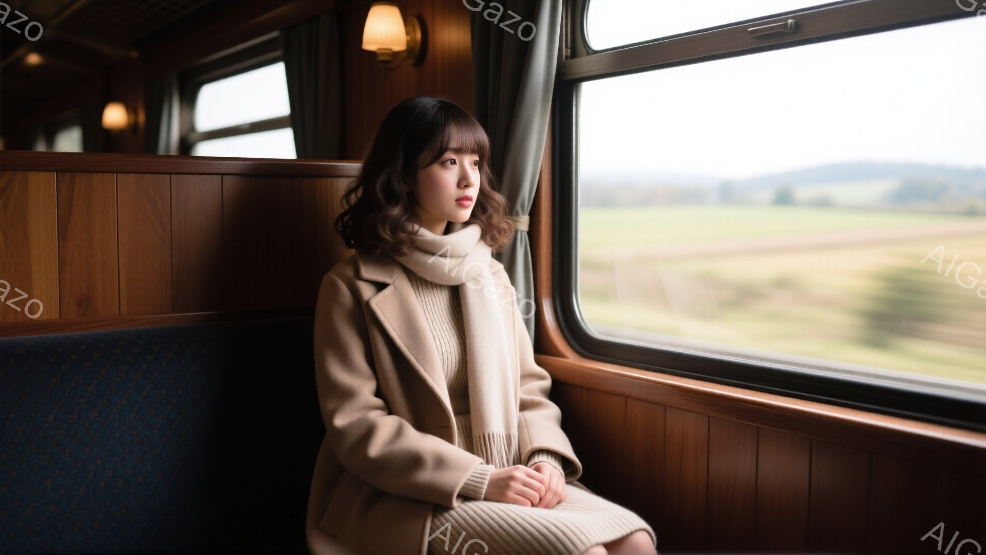 明るい茶色のコートとセーターを身につけた女性が、列車の窓際に座って外を眺めている。彼女は少し物憂げな表情で、髪は肩にかかるくらいの長さで、ふんわりとカールしている。背景には緑豊かな田園風景が広がり、曇り空の下、遠くの丘陵が見える。