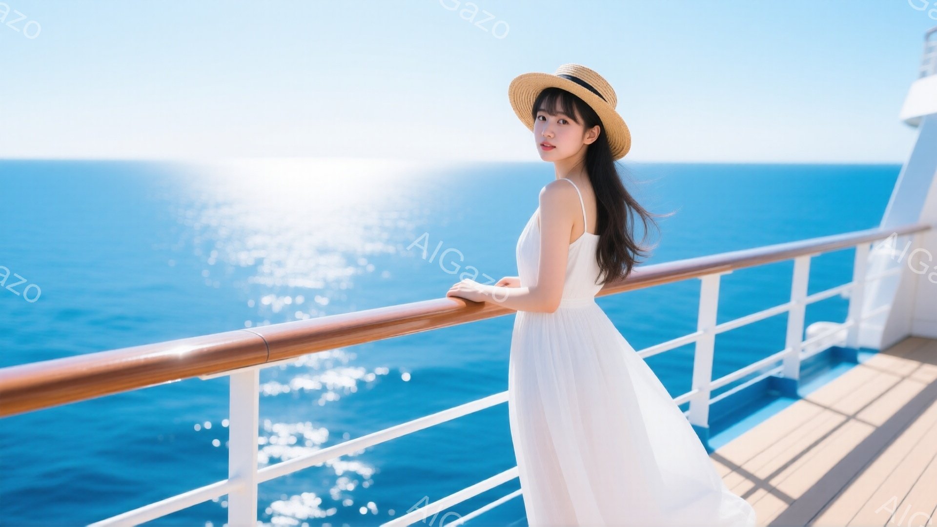 明るい日差しの中、麦わら帽子をかぶった女性が船の上で海を眺めている。白いストラップレスのロングドレスを着ており、黒髪を後ろに流している。背景には眩しいほどの青い海が広がり、太陽の光が水面で反射してキラキラと輝いている。