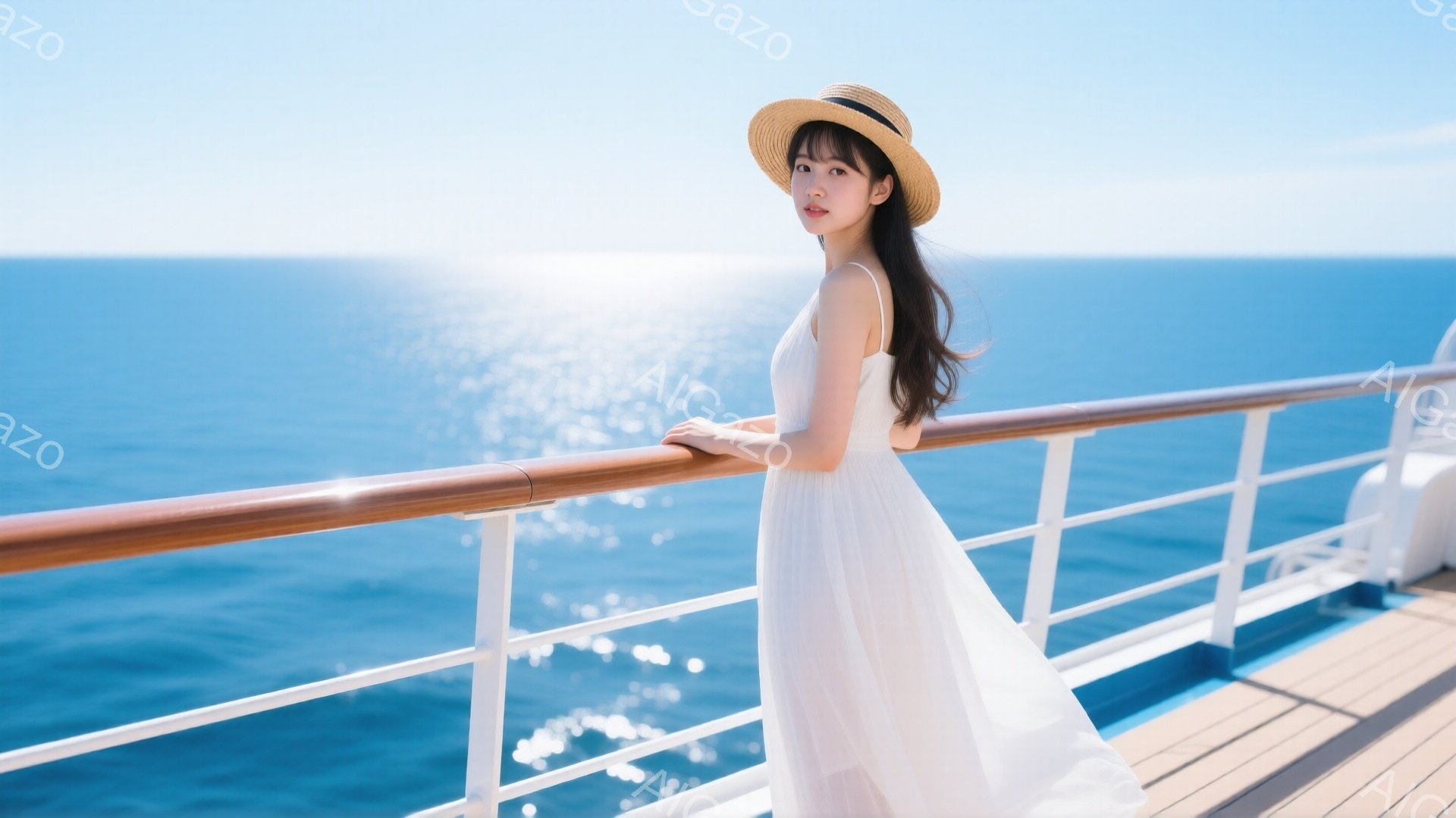 長い髪をなびかせ、麦わら帽子をかぶった女性が船のデッキに立っている。白いロングドレスを着て、デッキの手すりに軽く手を添え、遠くの青い海を見つめている表情は穏やかだ。晴れた空とキラキラと輝く海面が広がり、リラックスした夏の日の雰囲気を醸し出している。