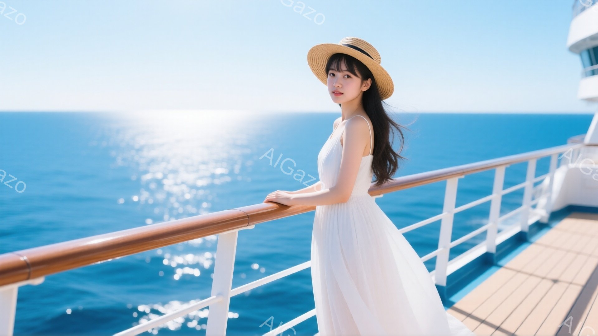 長い黒髪をなびかせ、麦わら帽子を被った女性が、船のデッキに立っている。白いロングドレスを身に着け、海を眺めながら欄干にもたれかかっており、穏やかな笑顔を浮かべている。背景には青く輝く海が広がり、晴天で爽やかな雰囲気が漂っている。