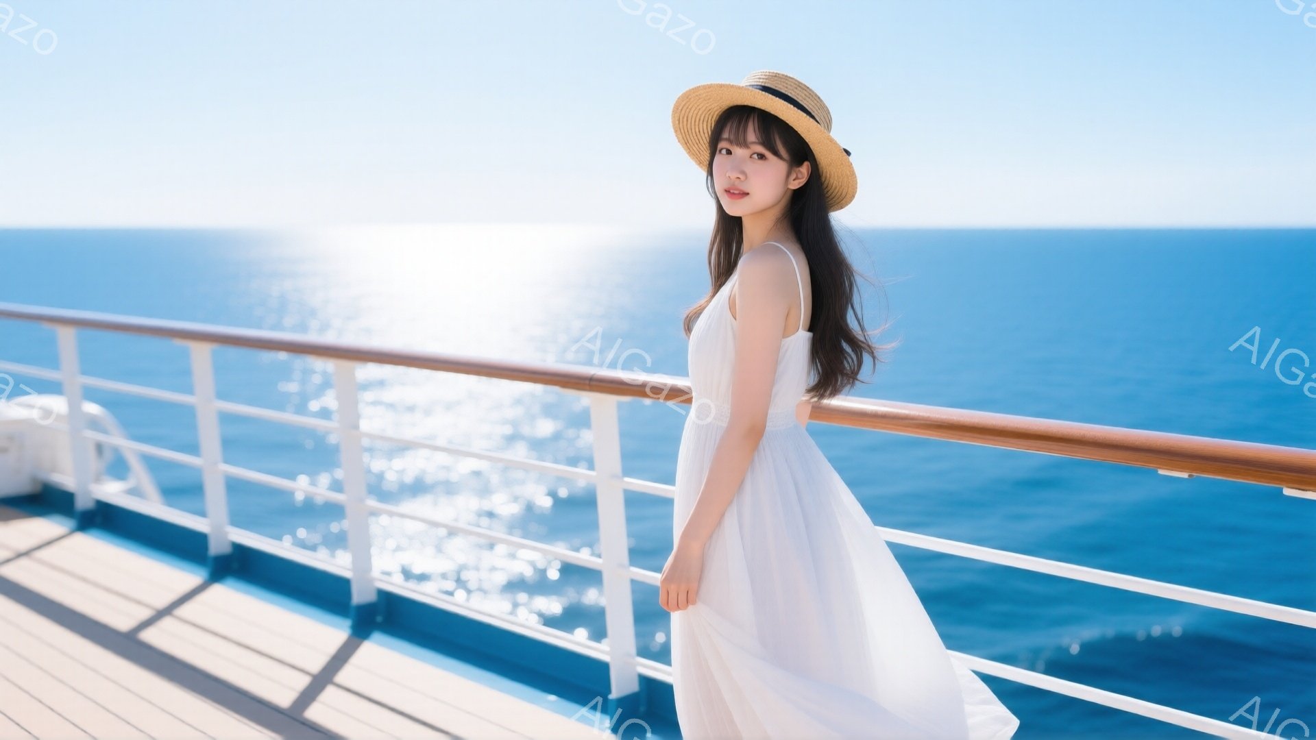 明るい日差しの下、麦わら帽子を被った女性が船上で微笑んでいる。白いロングドレスを着ており、風になびくスカートが優雅さを際立たせている。背景には青い海が広がり、太陽の光が水面で反射してキラキラと輝いている。