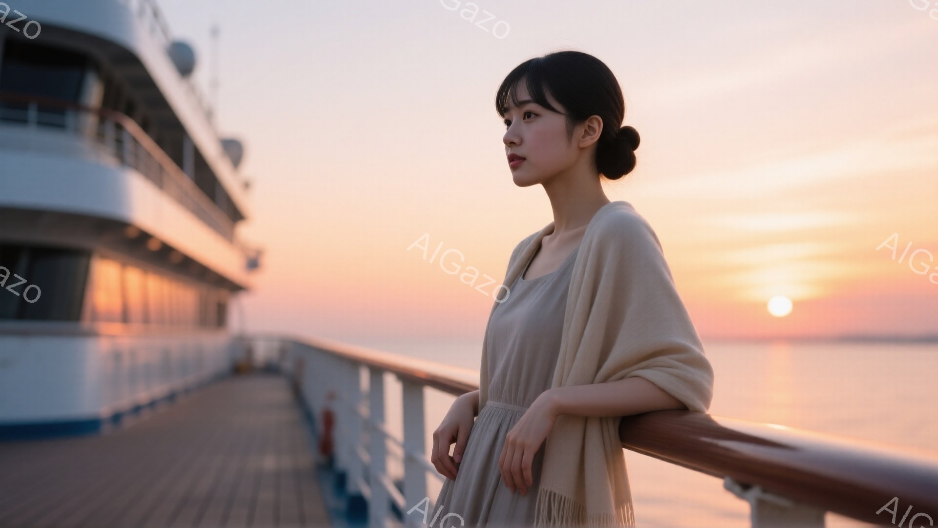 長い黒髪を後ろで結んだ女性が、淡いベージュ色のドレスとショールを身につけ、船のデッキの手すりに寄りかかっている。彼女は夕焼けを眺めており、少し物憂げな表情をしている。背景には穏やかな海と夕焼け空が広がり、全体的に落ち着いた、叙情的な雰囲気を醸し出している。