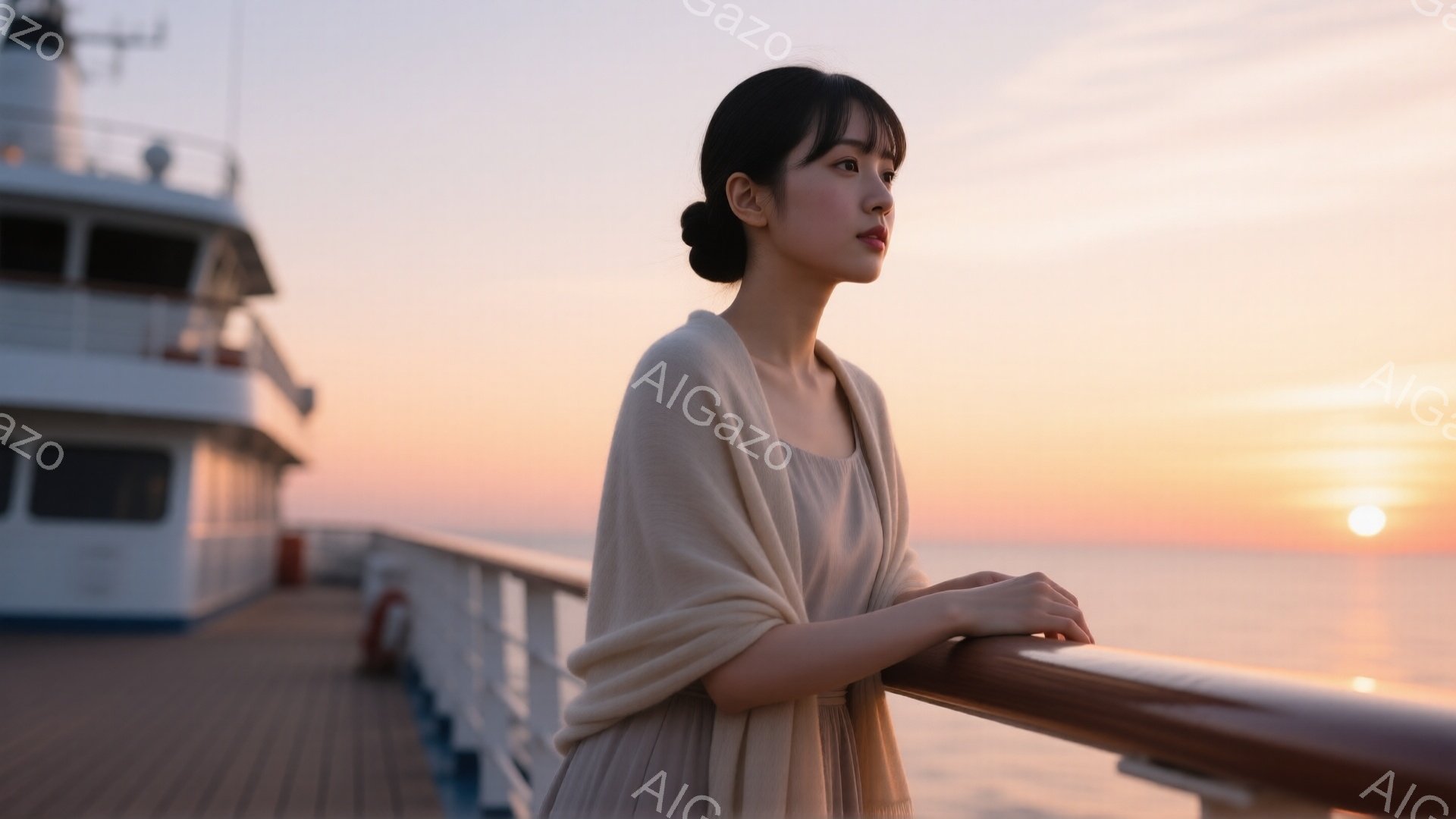 船のデッキに立つ女性は、薄いベージュ色のドレスとショールを身に着けており、後ろで髪をまとめ、穏やかな表情で水平線を眺めている。彼女はデッキの手すりに両手を置き、リラックスした姿勢で夕焼けに照らされた海を見つめている。背景には、夕焼けのオレンジとピンク色が空と海を染め上げ、穏やかで夢幻的な雰囲気を醸し出している。
