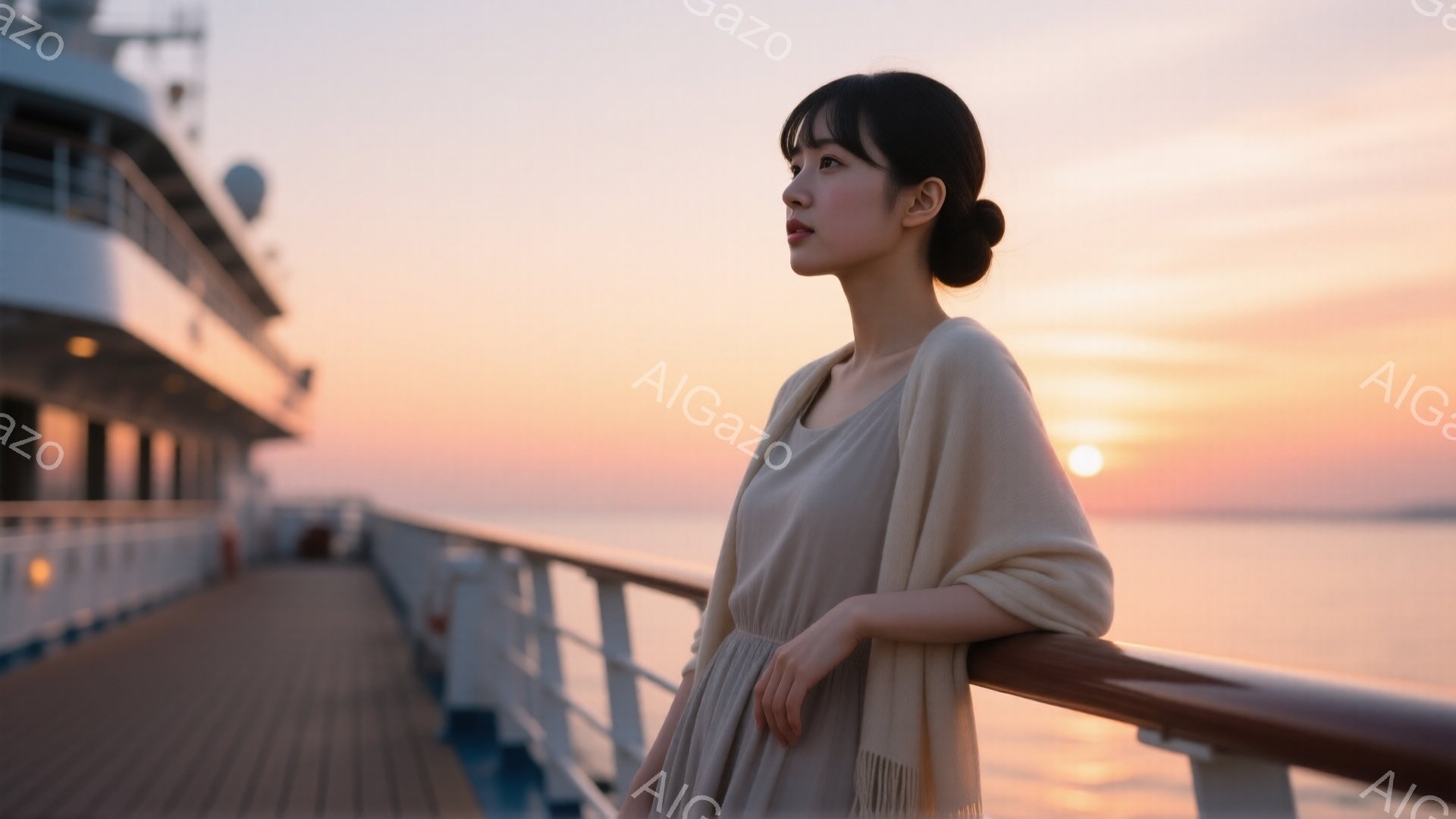 長い髪を後ろでまとめた女性が、クリーム色のドレスとショールを着て、船のデッキの手すりに寄りかかっている。彼女は遠くの水平線を見つめ、物憂げな表情を浮かべている。背景には、夕焼けに染まる海と、船の一部が見え、穏やかでノスタルジックな雰囲気を醸し出している。