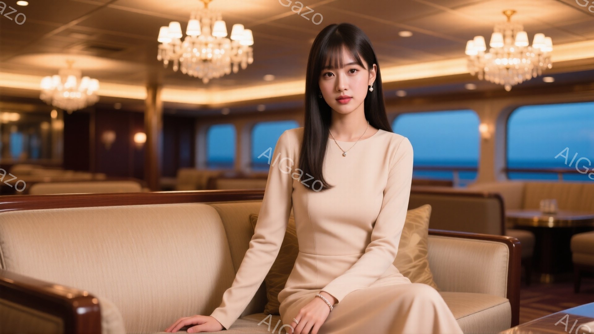 長い黒髪をセンターパートにした女性が、ベージュ色の長袖ワンピースを着て、ソファーに座っています。彼女は控えめな笑顔を浮かべ、ネックレスとブレスレット、イヤリングを身につけています。背景は豪華客船の室内で、窓からは青い海が見え、シャンデリアが暖かく照らし、優雅な雰囲気を醸し出しています。