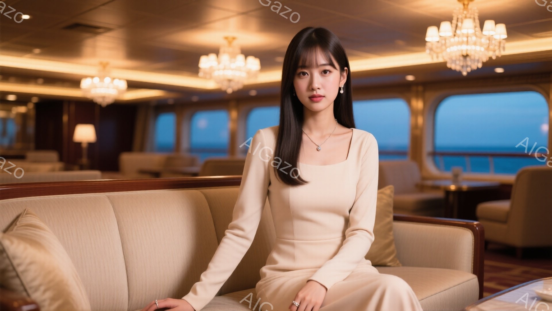 長い黒髪をセンターパートにした女性が、クリーム色の長袖ドレスを着てソファに座っています。彼女は控えめな微笑みを浮かべ、上品なネックレスとイヤリングを身に着けています。背景には豪華な内装の船室、シャンデリア、そして窓から見える穏やかな海が広がっており、優雅で落ち着いた雰囲気を醸し出しています。