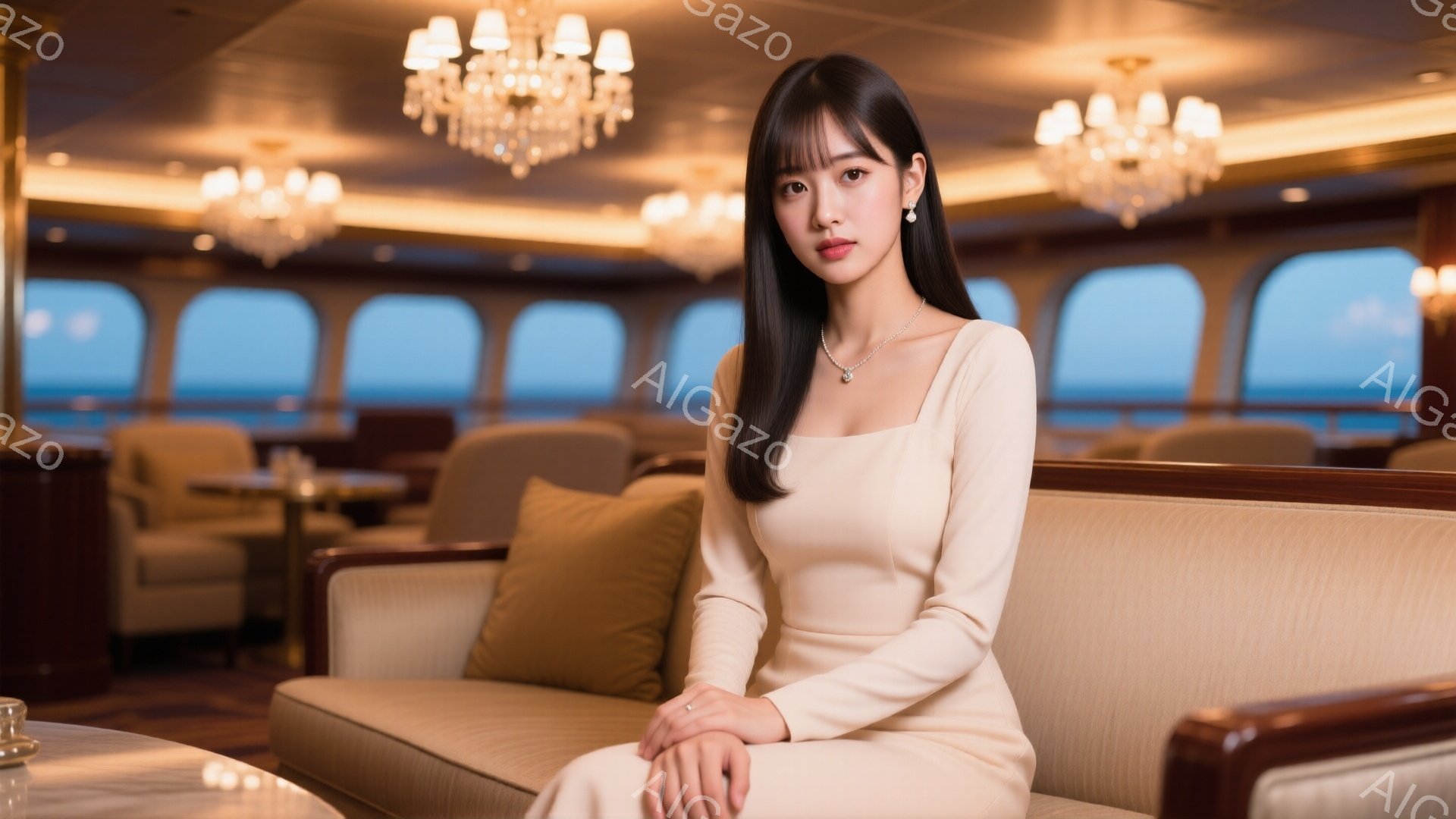 長い黒髪をセンターパートにした女性が、クリーム色の長袖のタイトなワンピースを着てソファに座っています。彼女は上品なネックレスとイヤリングを身につけ、穏やかな微笑みを浮かべています。背景は豪華客船のインテリアで、暖色系の照明と大きな窓から見える海が広がっており、優雅で洗練された雰囲気を醸し出しています。