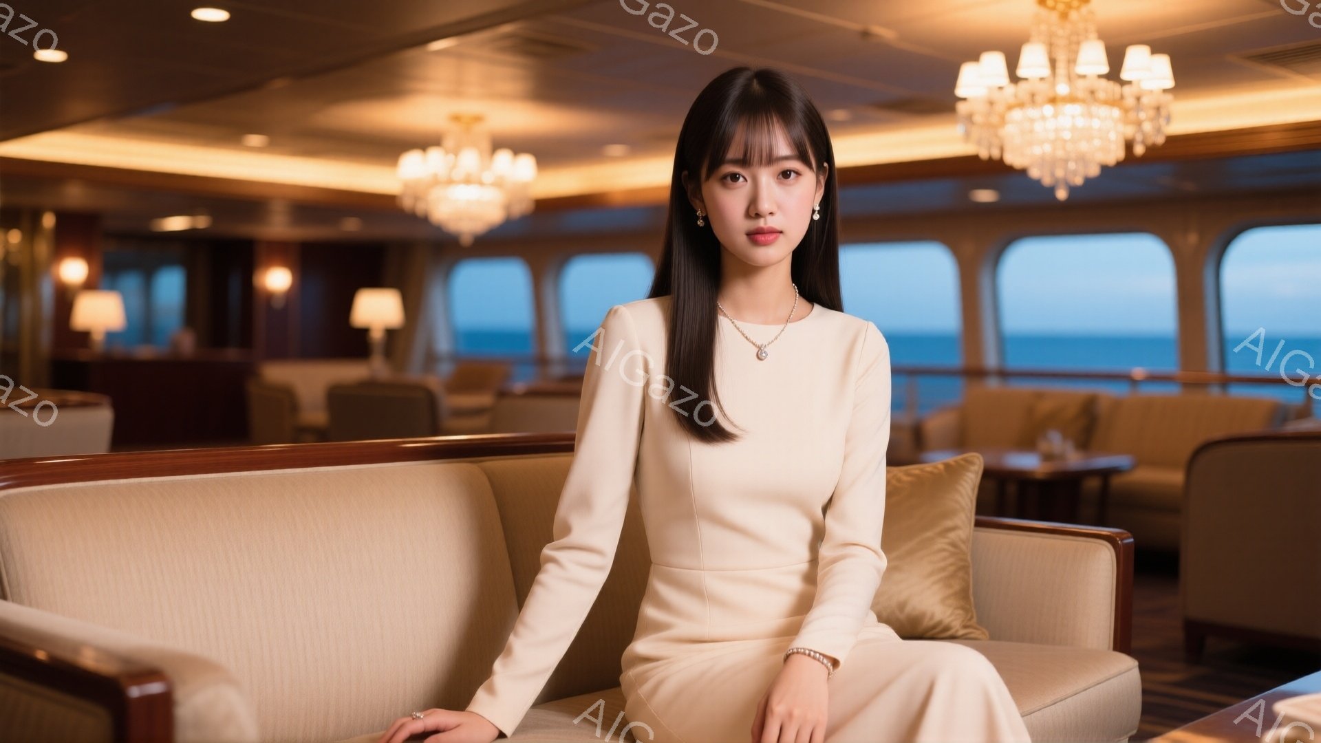 明るいクリーム色のジャンプスーツを着た女性が、豪華客船のソファーに座っています。彼女はストレートの黒髪で、控えめな微笑みを浮かべています。背景には、穏やかな海と、豪華な内装の客船のインテリアが見え、全体的に洗練された上品な雰囲気が漂っています。