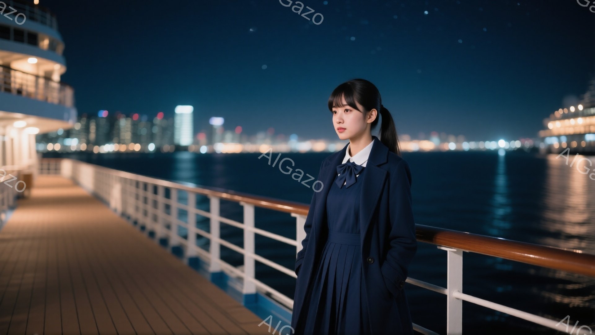 深い青色のコートとワンピースを着た女性が、夜の海上のデッキに立っている。彼女は髪を後ろで一つにまとめ、わずかに微笑み、遠くの夜景を見つめている。背景には、ライトアップされた都市のスカイラインが広がり、海面には光が反射してきらめいている。