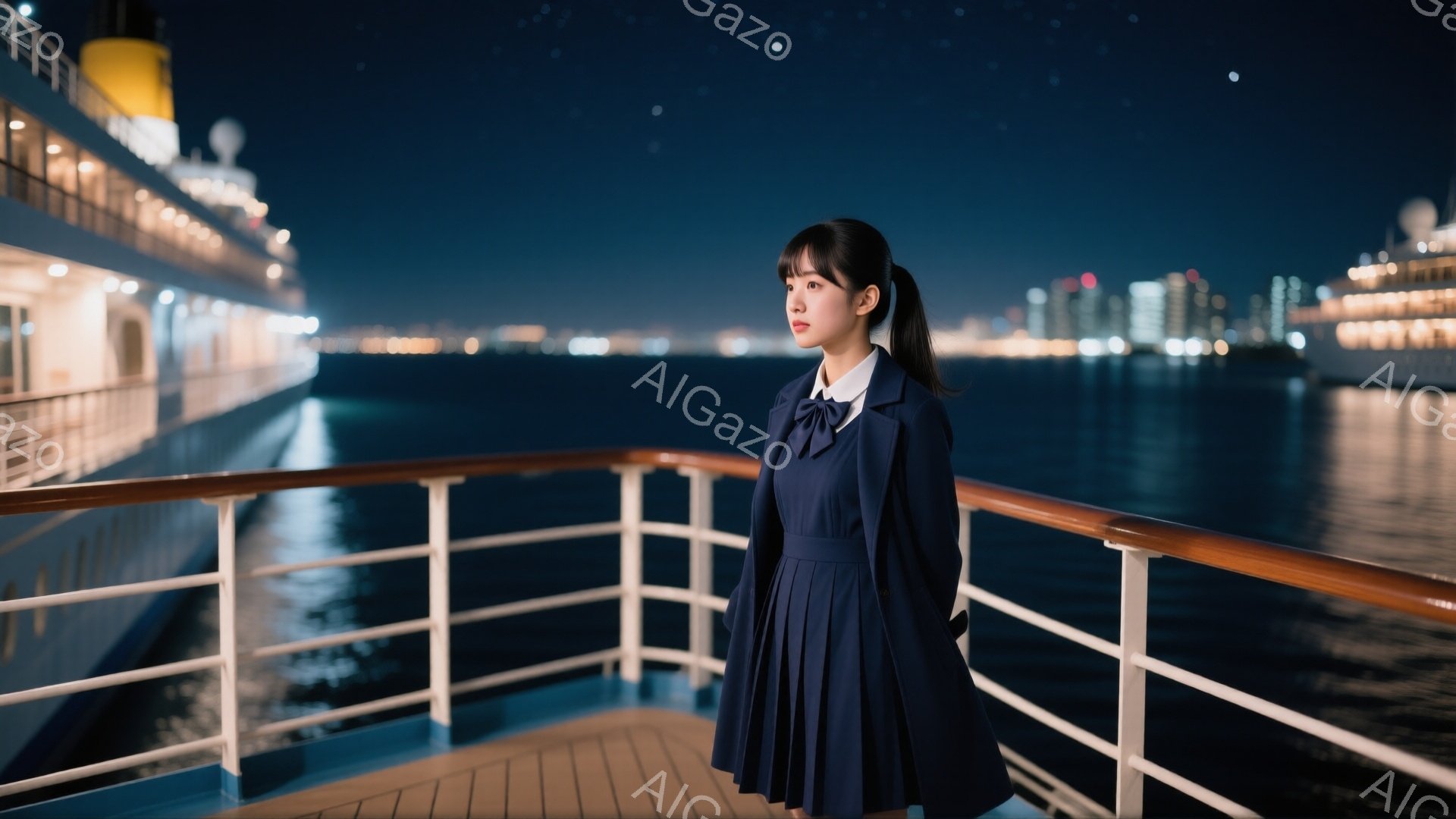 深い青色のワンピースを着た女性が船のデッキに立っている。彼女は長い黒髪を後ろで一つにまとめ、少し物憂げな表情で遠くを見つめている。背景には夜景が広がり、きらめく都市の光と穏やかな海が、彼女の寂しさを際立たせている。