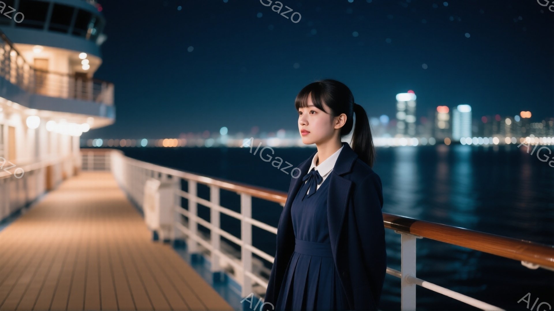 深い青色の制服を着た若い女性が、夜の船のデッキに立っている。彼女は髪を後ろでポニーテールにし、遠くの夜景を見つめている。背景には、光り輝く高層ビル群が広がり、波のきらめきが海面を照らしている。