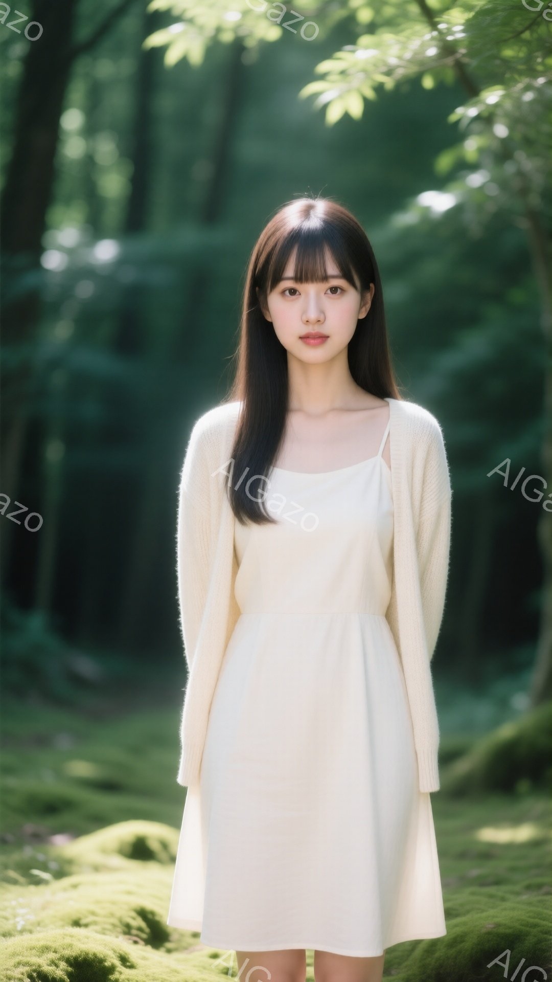 若い女性がクリーム色のカーディガンとワンピースを着ています。彼女は前髪を短く切りそろえた黒髪で、穏やかな表情をしています。背景は緑豊かな木々が生い茂る自然で、柔らかい光が差し込み、穏やかで牧歌的な雰囲気を醸し出しています。