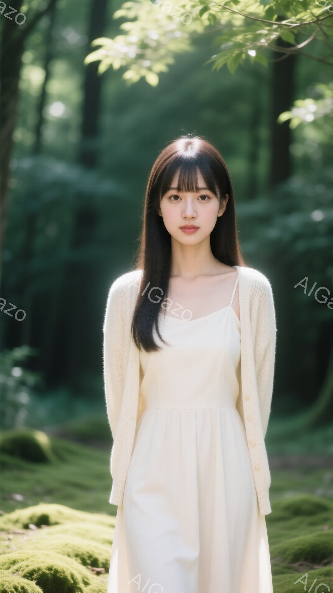 長い黒髪で前髪がぱっつんとした若い女性が写っています。クリーム色のカーディガンとキャミソールワンピースを着ており、表情は穏やかで少し微笑んでいます。背景は緑豊かな森で、光が差し込み、柔らかい雰囲気を醸し出しています。