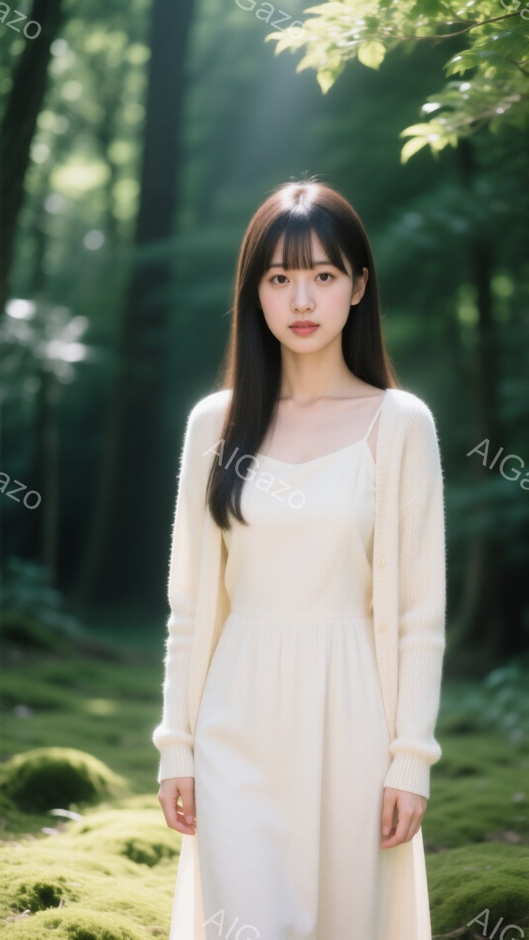 長い黒髪に前髪を合わせた女性が、クリーム色のカーディガンとキャミソールワンピースを着て立っている。彼女は正面を見つめ、穏やかで少し物憂げな表情をしている。背景は緑豊かな森で、光が差し込み、柔らかく幻想的な雰囲気を醸し出している。