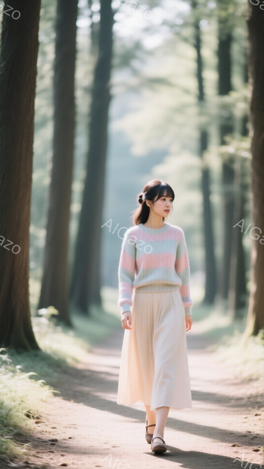 若い女性が、明るい森の中の土道の中央を歩いている。彼女はパステルカラーのストライプのセーターと、ゆったりとしたベージュのスカートを身に着け、黒いローファーを履いている。彼女の髪は後ろで緩くまとめられ、わずかに微笑んでおり、全体的に穏やかで優しい雰囲気が漂っている。