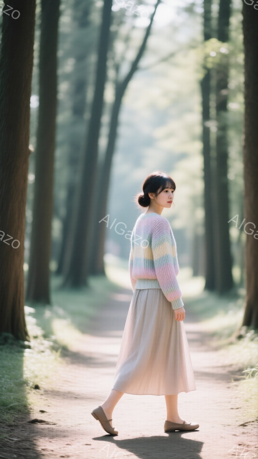 若い女性が、緑豊かな並木道の中を歩いている。パステルカラーのボーダーニットと、ふんわりとしたベージュのプリーツスカートを身につけ、髪は後ろでまとめられている。柔らかい光が差し込み、穏やかで少しノスタルジックな雰囲気を醸し出している。