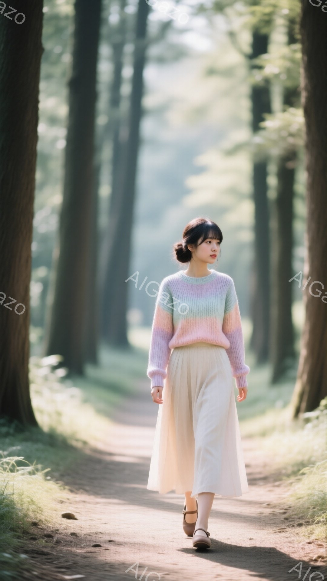 彼女は、パステルカラーのストライプのセーターと、淡いベージュのプリーツスカートを身につけ、茶色のローファーを履いている。髪は後ろでまとめられ、穏やかな表情で、土の道を進んで歩いている。背景は木々に囲まれた道で、柔らかい光が差し込み、全体的に優しい雰囲気を醸し出している。