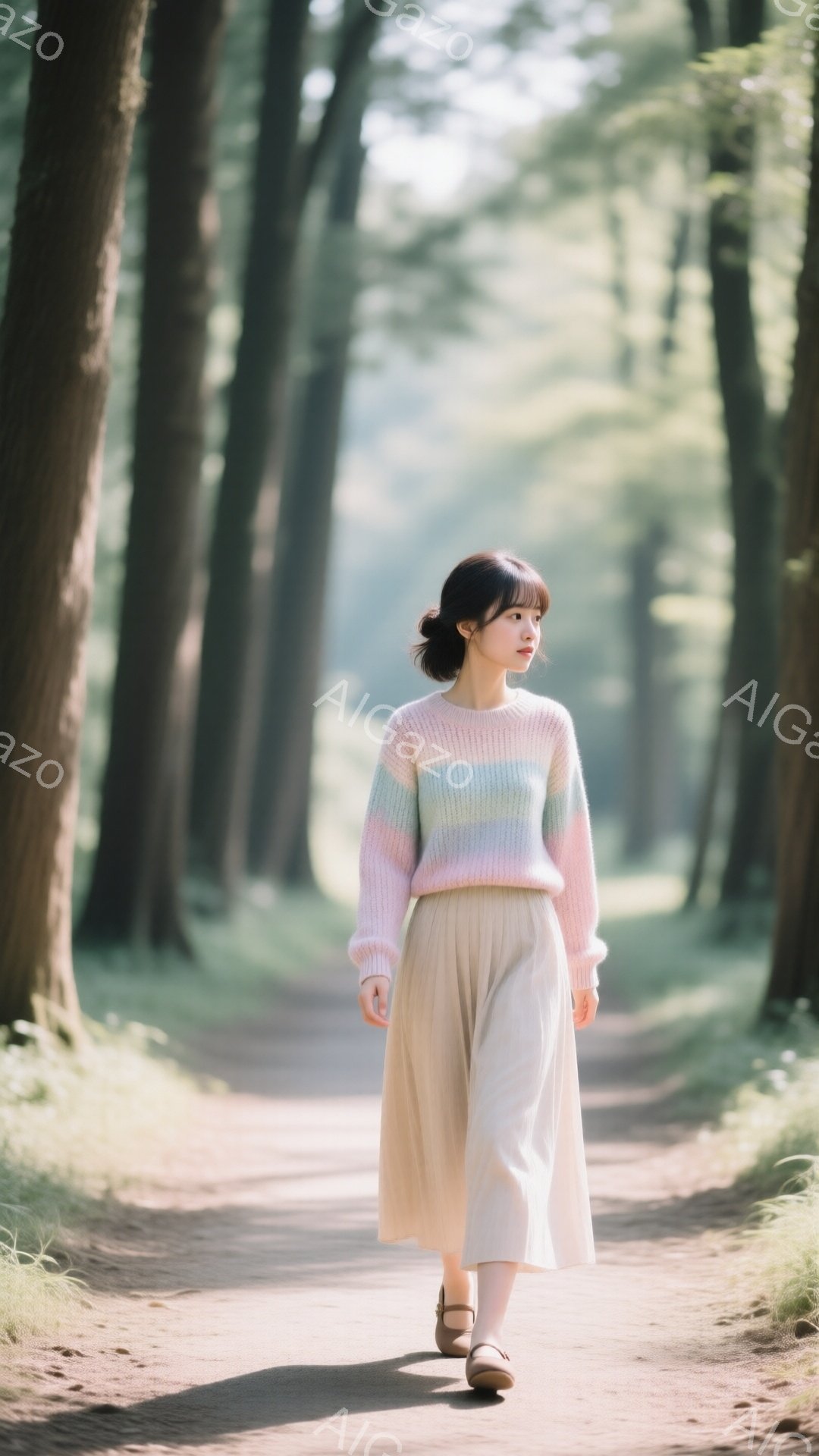 淡い虹色のセーターとベージュのプリーツスカートを身に着けた女性が、木々の間にある砂利道を歩いている。髪は後ろで緩くまとめられており、少し微笑んでいるように見える。背景には高い木々が立ち並び、柔らかい光が差し込んで、穏やかで夢幻的な雰囲気を醸し出している。