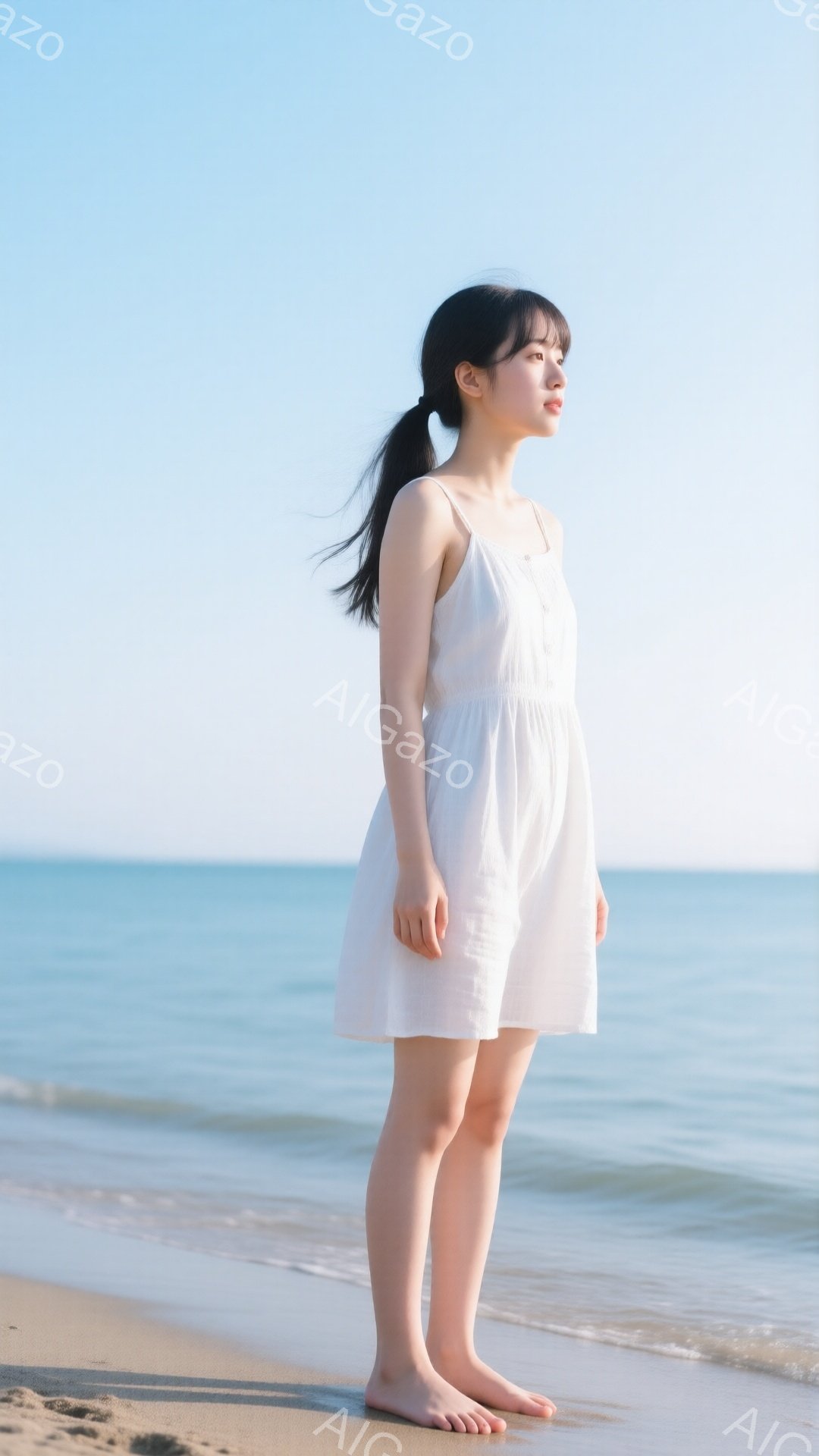 砂浜に立つ女性が写っています。白いワンピースを着ており、黒髪をポニーテールにしています。彼女は横を向き、遠くを見つめており、穏やかで物憂げな雰囲気を醸し出しています。