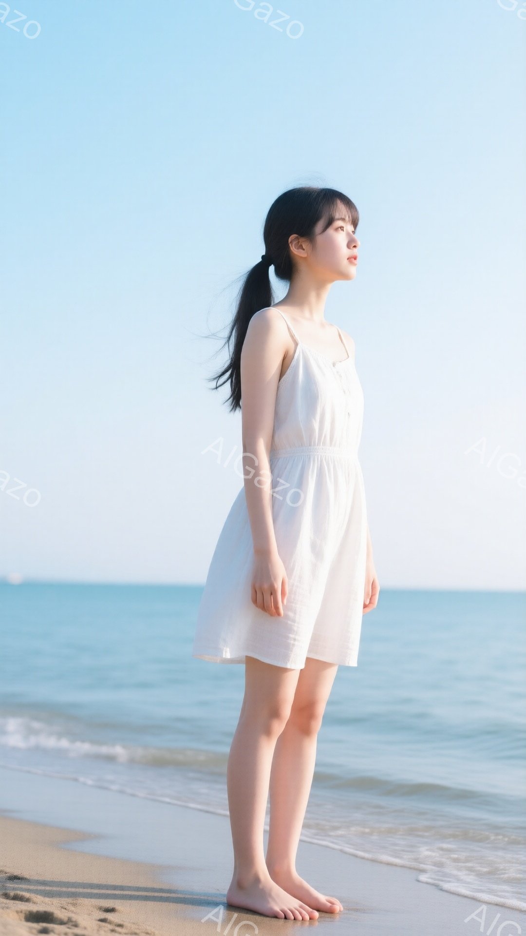 長い黒髪をポニーテールにした若い女性が、白いノースリーブのワンピースを着て砂浜に立っている。彼女は横顔で、遠くの水平線を見つめ、物憂げな表情をしている。背景には穏やかな青い海が広がり、晴天の空が広がっている。