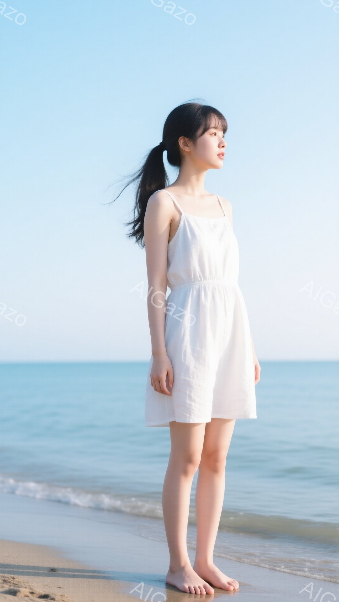 長い黒髪を後ろで一つにまとめた若い女性が、白いキャミソールワンピースを着て砂浜に立っている。彼女は横顔で、遠くを見つめ、穏やかな表情をしている。背景には穏やかな海と青空が広がり、夏の静かで平和な雰囲気を醸し出している。