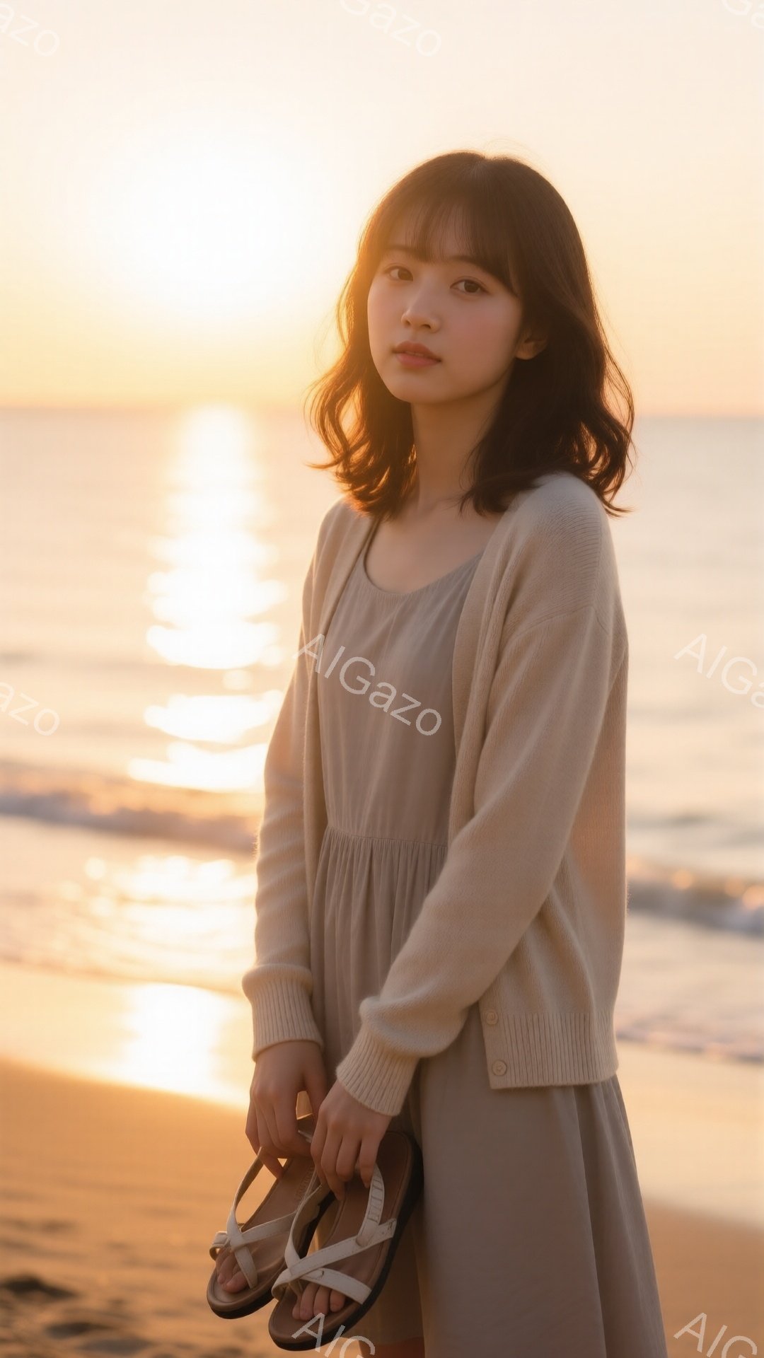 明るい砂浜に立つ若い女性が写っている。ベージュ色のカーディガンとワンピースを身につけ、足にはサンダルを履いている。夕焼けの光が海面を照らし、暖かく穏やかな雰囲気を醸し出している。