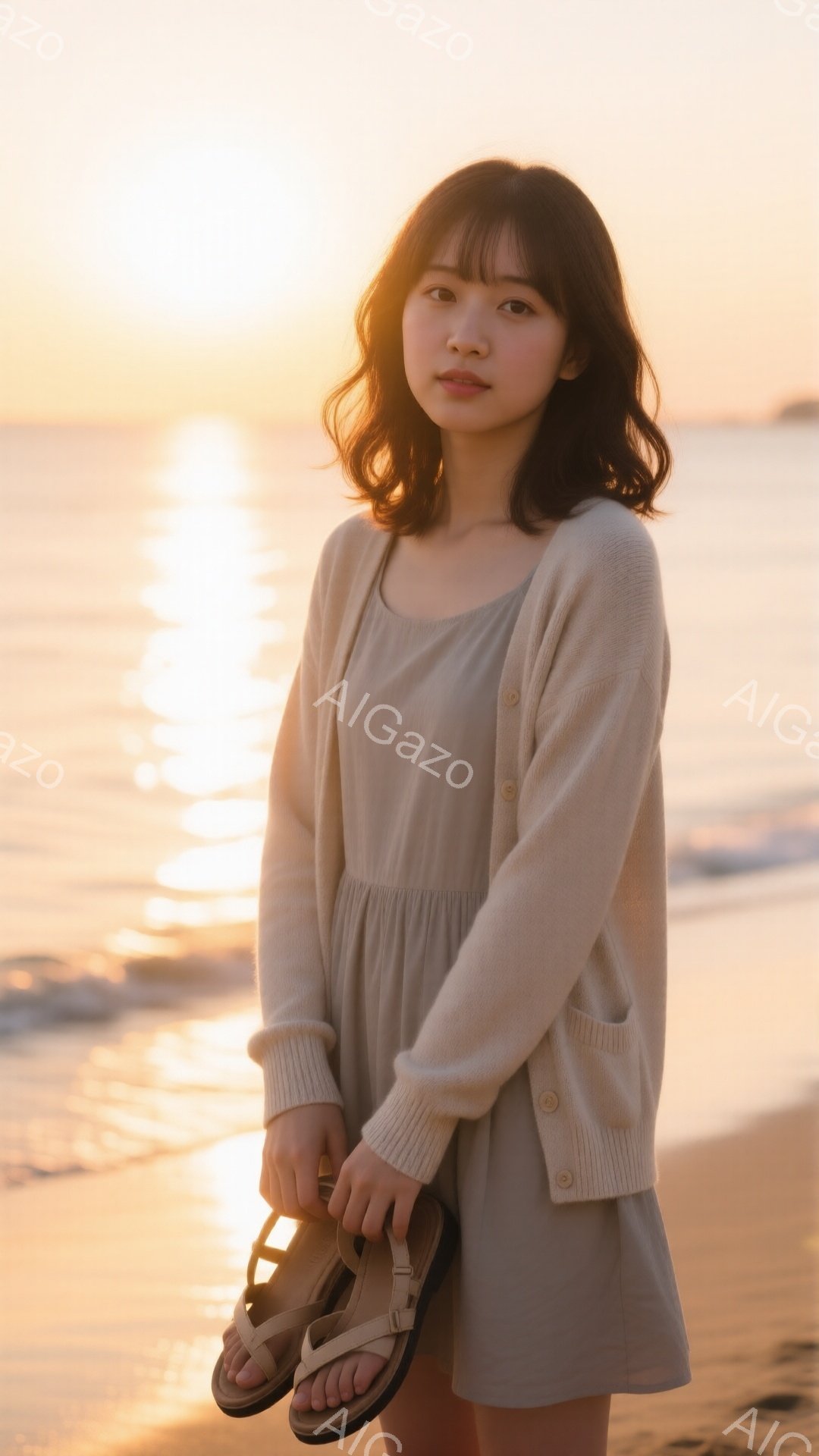 長い茶色の髪を肩の高さで切り揃えた若い女性が、クリーム色のカーディガンとワンピースを着て、ビーチに立っている。彼女は片手にサンダルを持ち、少し微笑んだ表情でカメラを見つめている。背景には穏やかな海と夕焼けが広がり、暖かく穏やかな雰囲気を醸し出している。
