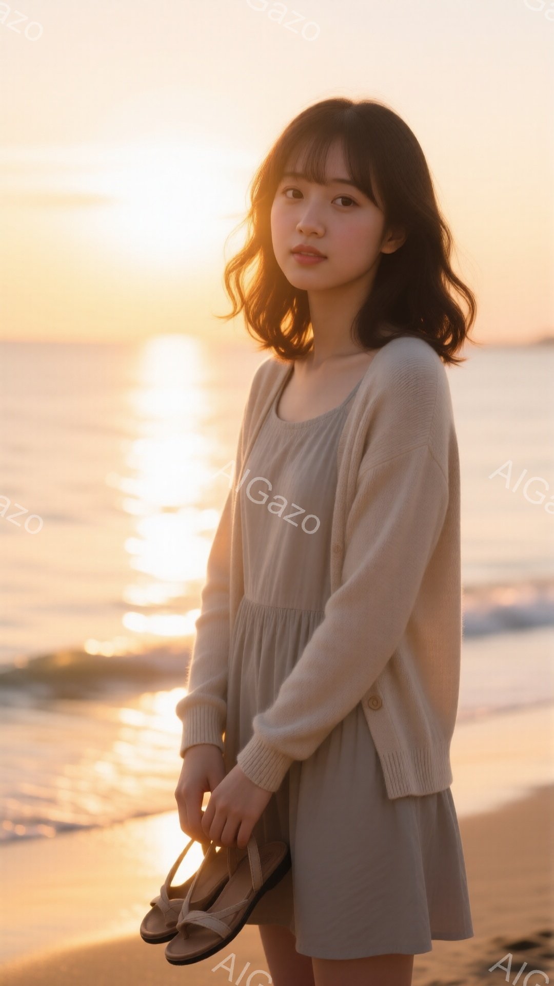 砂浜に立つ女性は、ベージュのカーディガンとワンピースを着ています。彼女は肩までの長さのダークブラウンの髪を持ち、前髪は少しだけおでこにかかっています。穏やかな表情で、片手にサンダルを持ち、夕焼けの海を背景に、リラックスした雰囲気を醸し出しています。