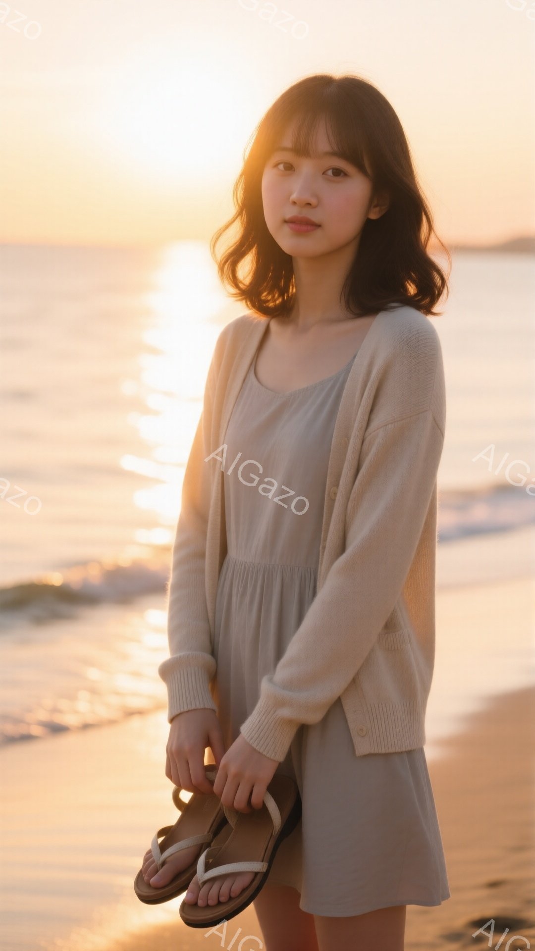 長い茶色の髪をセンターパートにした女性が、ベージュのカーディガンとワンピースを着て砂浜に立っています。彼女はサンダルを手に持ち、穏やかな表情でカメラを見つめています。背景には夕焼けの海が広がり、温かく穏やかな雰囲気を醸し出しています。