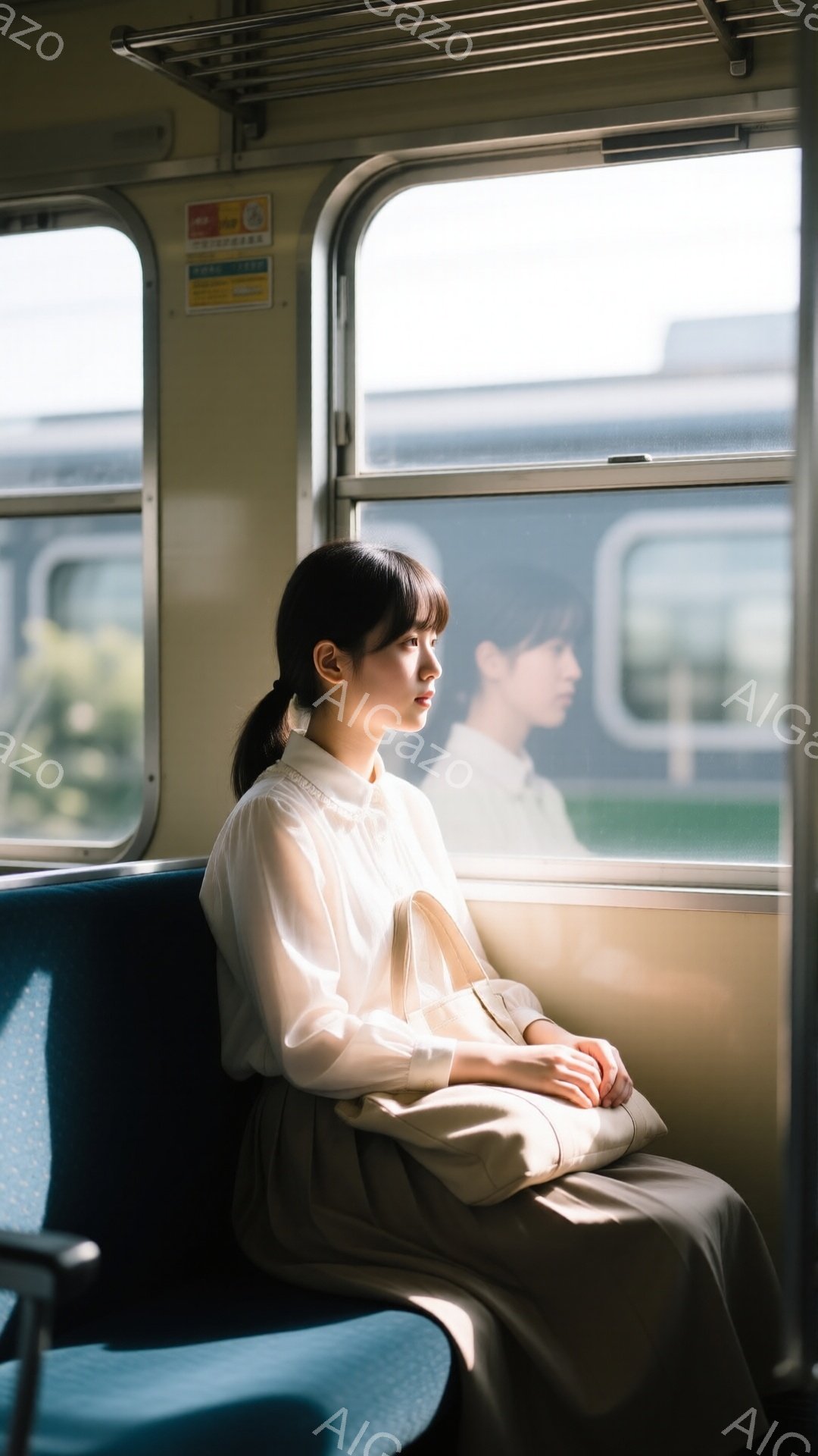 薄茶色のシャツとスカートを着た若い女性が、電車の中で窓の外を見つめています。彼女は髪を後ろで一つにまとめ、穏やかな表情で、リラックスした姿勢で座っています。窓の外には、ぼやけた建物や木々が見え、薄暗く少し寂しげな雰囲気が漂っています。