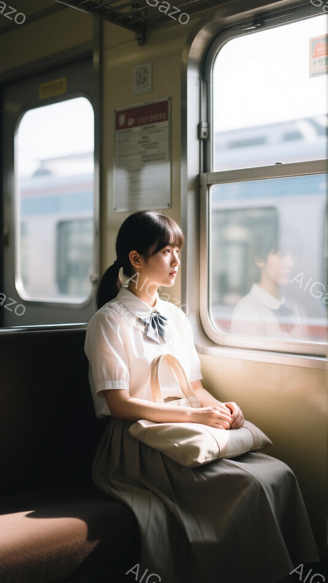 白いブラウスと灰色のスカートの制服を着た少女が、電車の中で窓の外を見つめている。彼女は髪を後ろで一つに結い、少し憂いを帯びた表情をしている。背景には、窓の外の風景と、電車の内装が見え、全体的に静かで物憂げな雰囲気が漂っている。