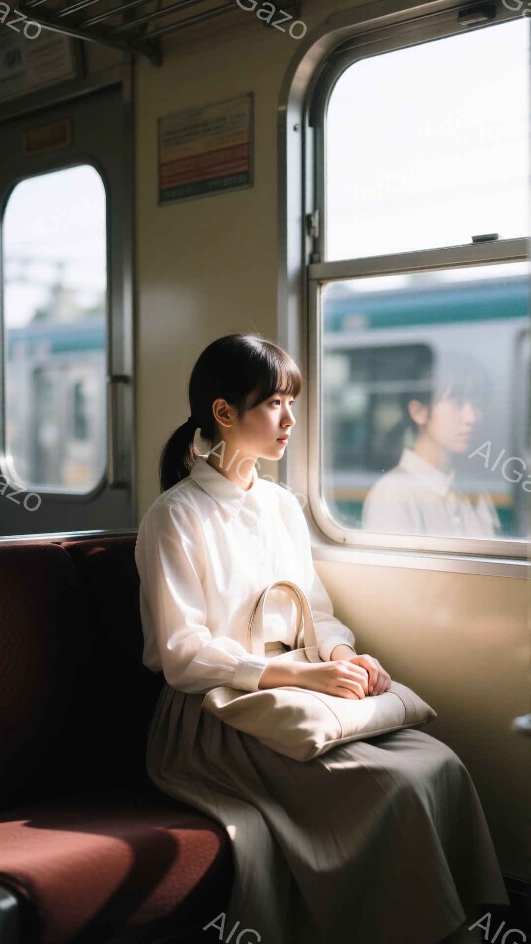 若い女性が電車の中に座っており、窓の外を見つめている。白いシャツとベージュのスカートを身に着け、髪は後ろで一つに結ばれている。窓の外にはぼやけた風景が広がり、日差しが彼女の顔を優しく照らしている。