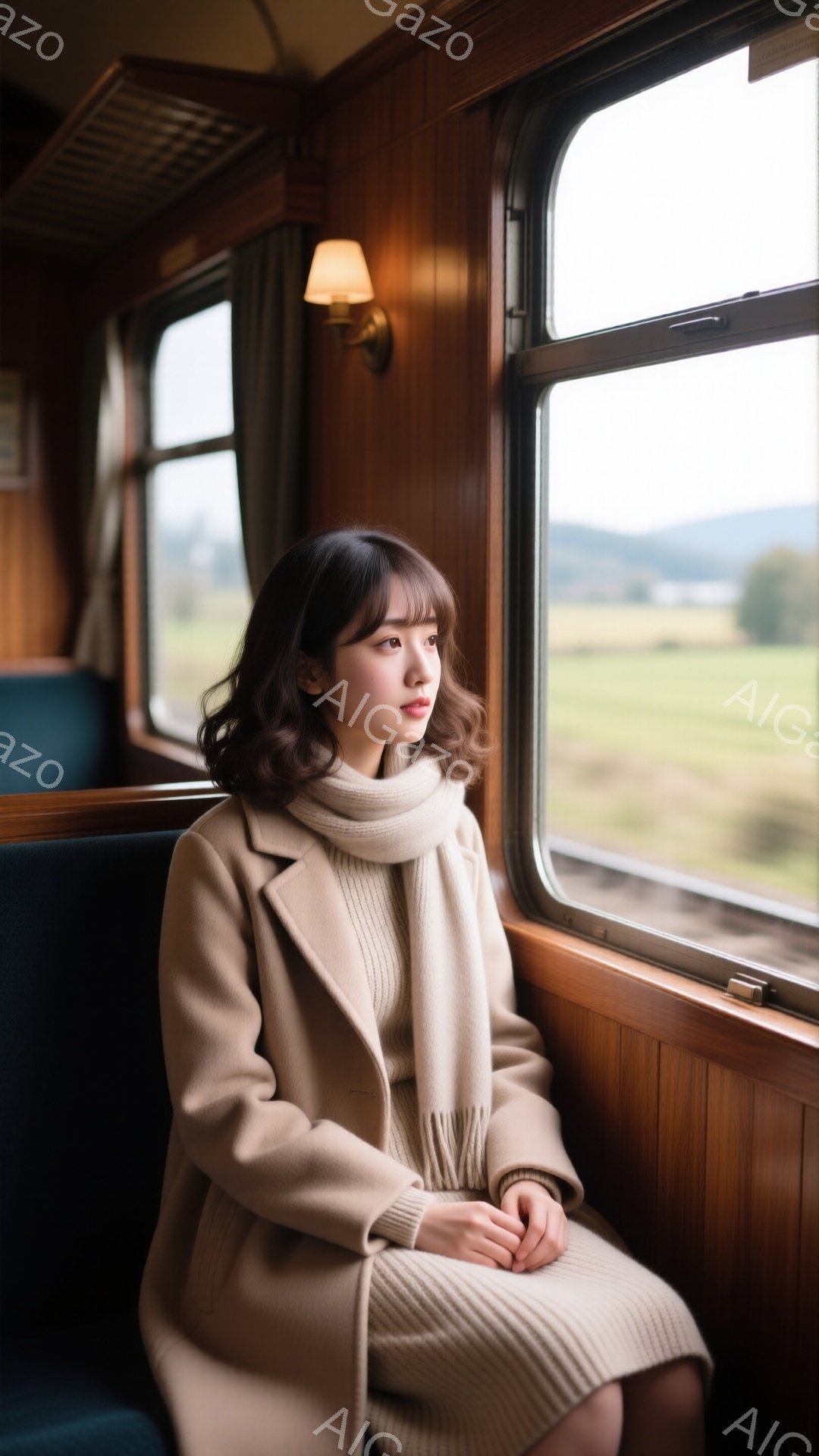 彼女はベージュのコートとセーターを着て、窓際に座っています。髪は肩までの長さでゆるく巻かれ、少し物憂げな表情を浮かべて遠くを見つめています。背景には緑豊かな田園風景が広がり、古風な車両内は木製のパネルで覆われ、暖かく落ち着いた雰囲気を醸し出しています。
