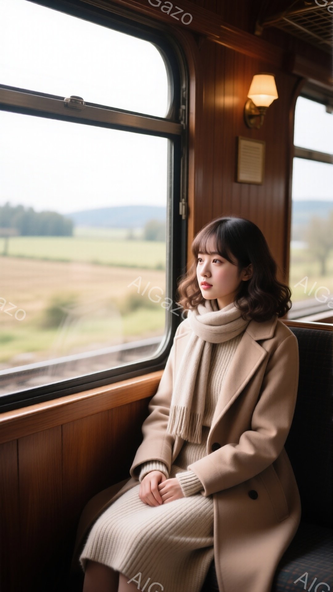 淡いクリーム色のコートとニットワンピースを身につけた女性が、列車の窓際に座り、遠くを見つめている。彼女は前髪を少し長めに残した、ゆるくウェーブのかかった髪型で、落ち着いた表情をしている。窓の外には、灰色の空の下、広がる緑の田園風景が広がり、暖色の木製内装の列車内は、どこかノスタルジックな雰囲気を醸し出している。