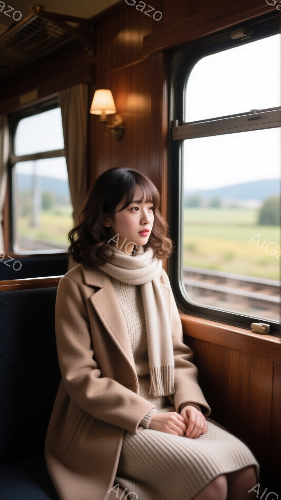薄茶色のコートとニットワンピースを着た若い女性が、列車の座席に座って窓の外を見つめている。彼女は軽く微笑み、髪は肩にかかる長さでゆるやかにカールしている。背景には、緑の田園風景が広がり、曇り空の下、穏やかな雰囲気を醸し出している。