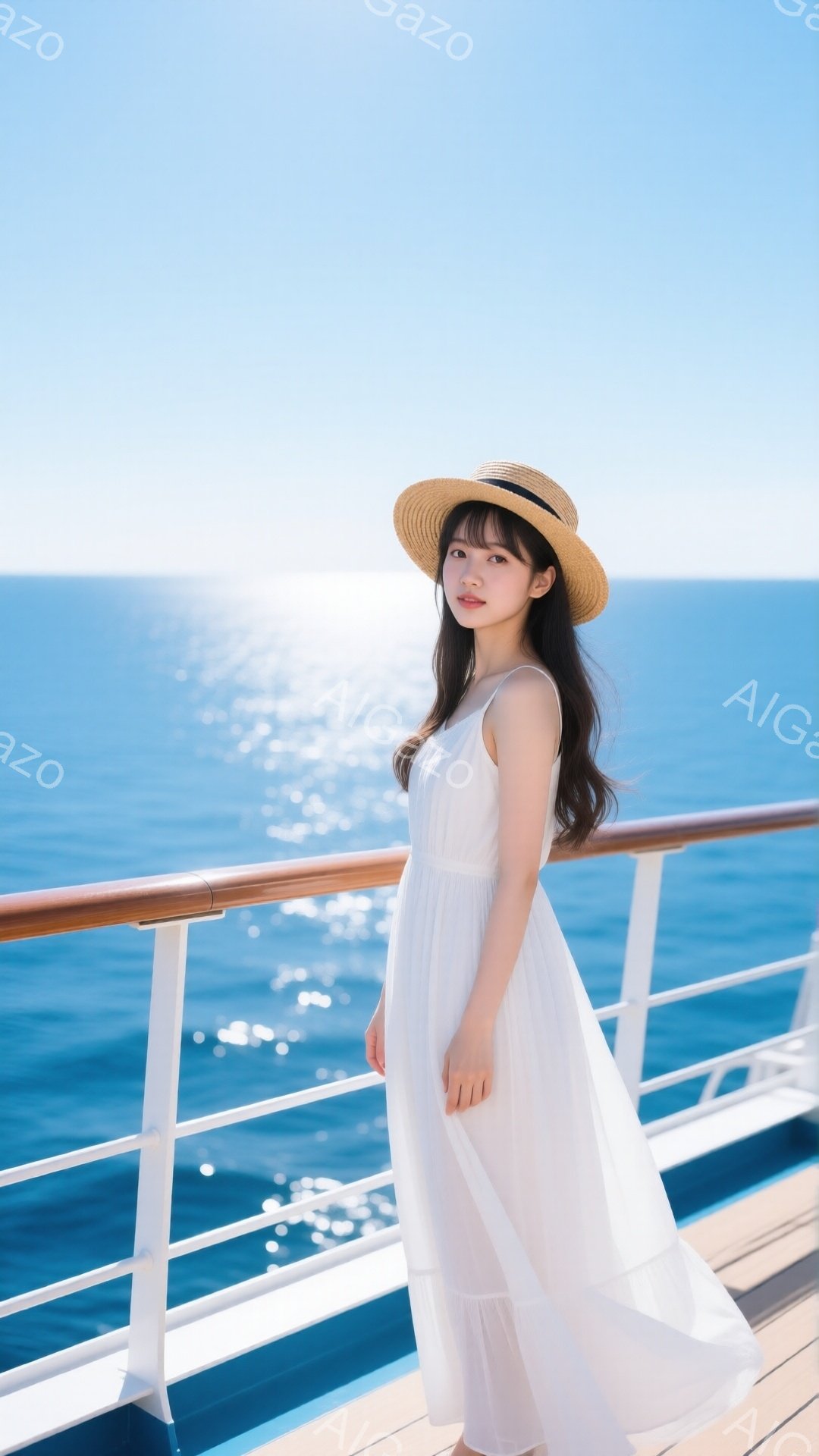 麦わら帽子を被った若い女性が、白い長いワンピースを着て船上に立っている。彼女は少し微笑んでおり、海を背景にリラックスした様子だ。背景には青い海と輝く太陽があり、穏やかで爽やかな雰囲気を醸し出している。