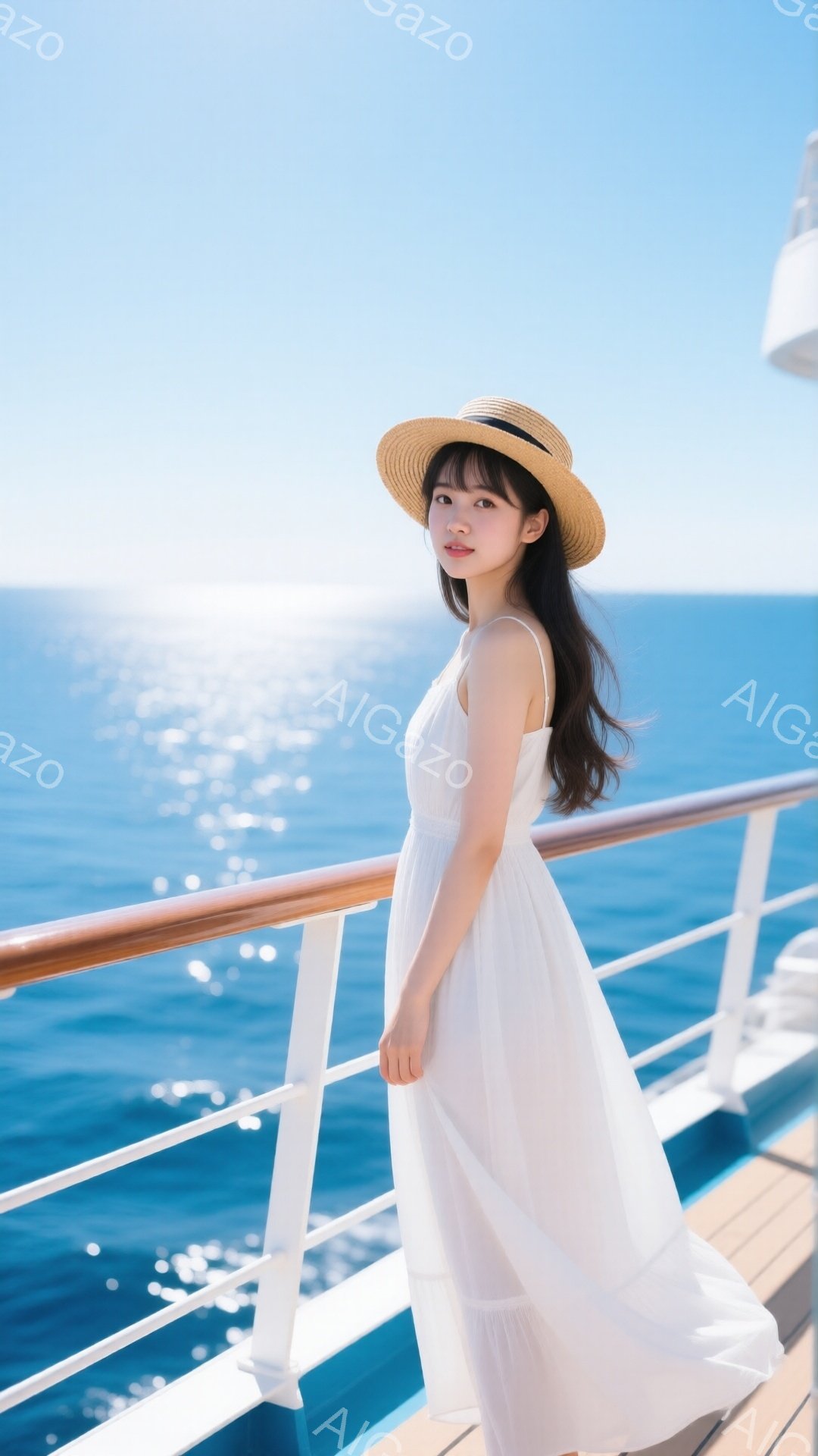 白いキャミソールワンピースと麦わら帽子を着用した若い女性が、船のデッキで海を背景に立っています。彼女は少し微笑んでおり、長い黒髪が風になびいています。晴れた空と輝く青い海が広がり、爽やかで開放的な雰囲気を醸し出しています。