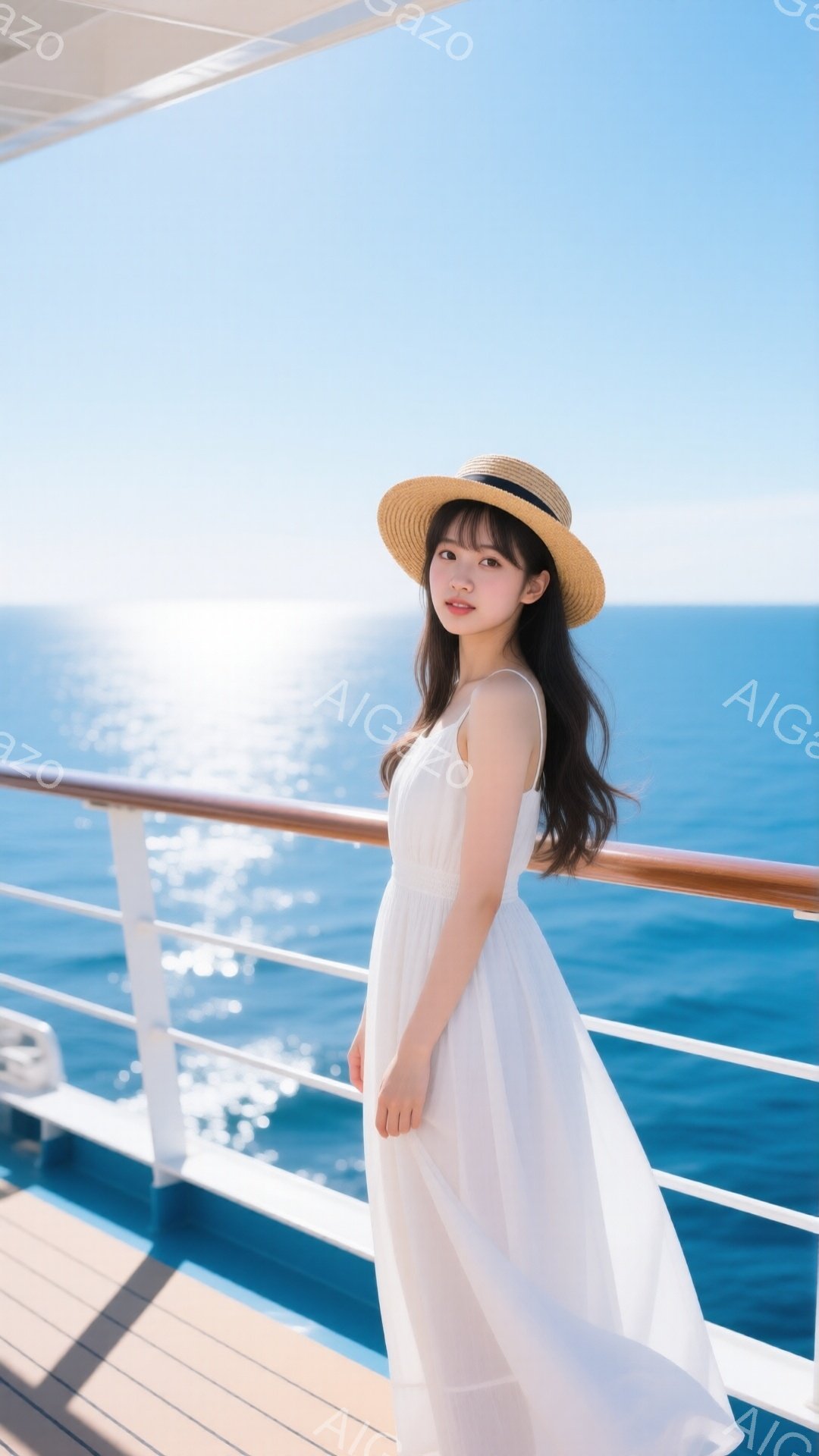 明るい日差しの中で、麦わら帽子をかぶった女性が白いロングドレスを着てデッキに立っている。彼女は少し微笑んでおり、黒髪のストレートヘアが風になびいている。背景には青い海が広がり、波がキラキラと輝いている。